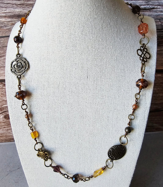 Antique Bronze Charm & Multicolor Amber Glass Bead Artisan Necklace 28"