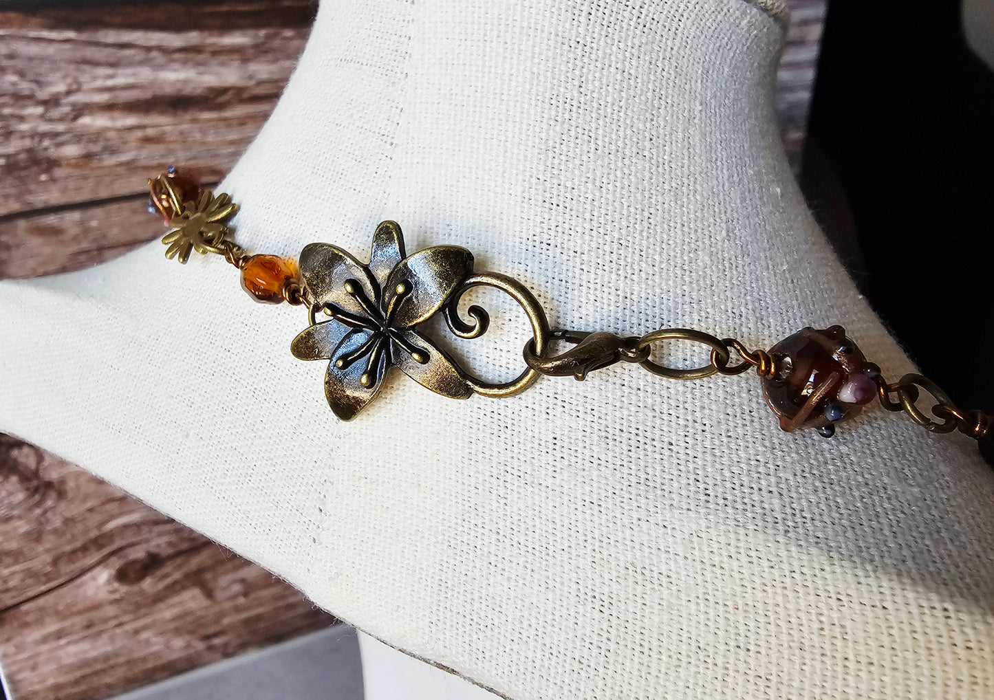 Antique Bronze Charm & Multicolor Amber Glass Bead Artisan Necklace 28"