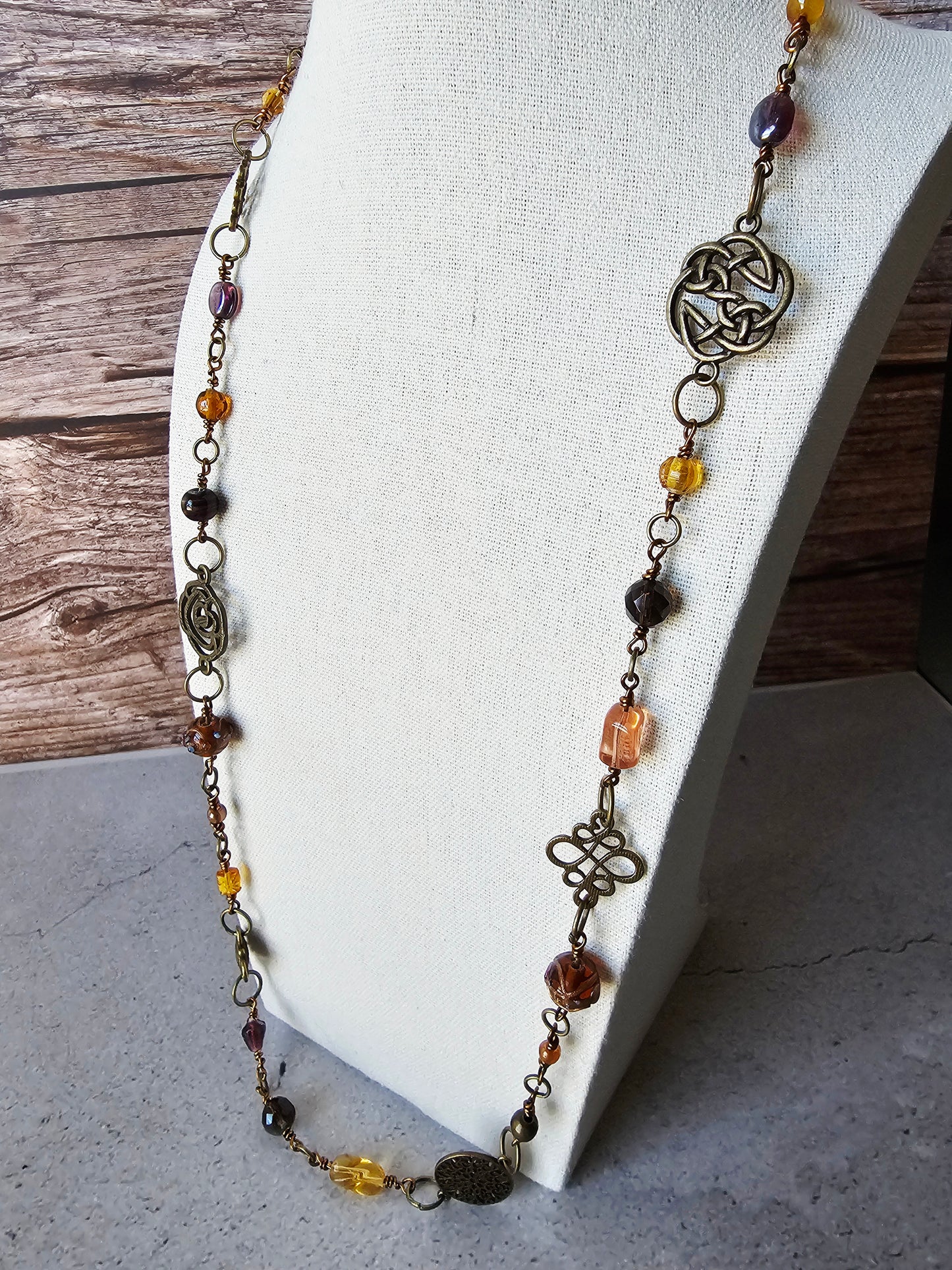 Antique Bronze Charm & Multicolor Amber Glass Bead Artisan Necklace 28"