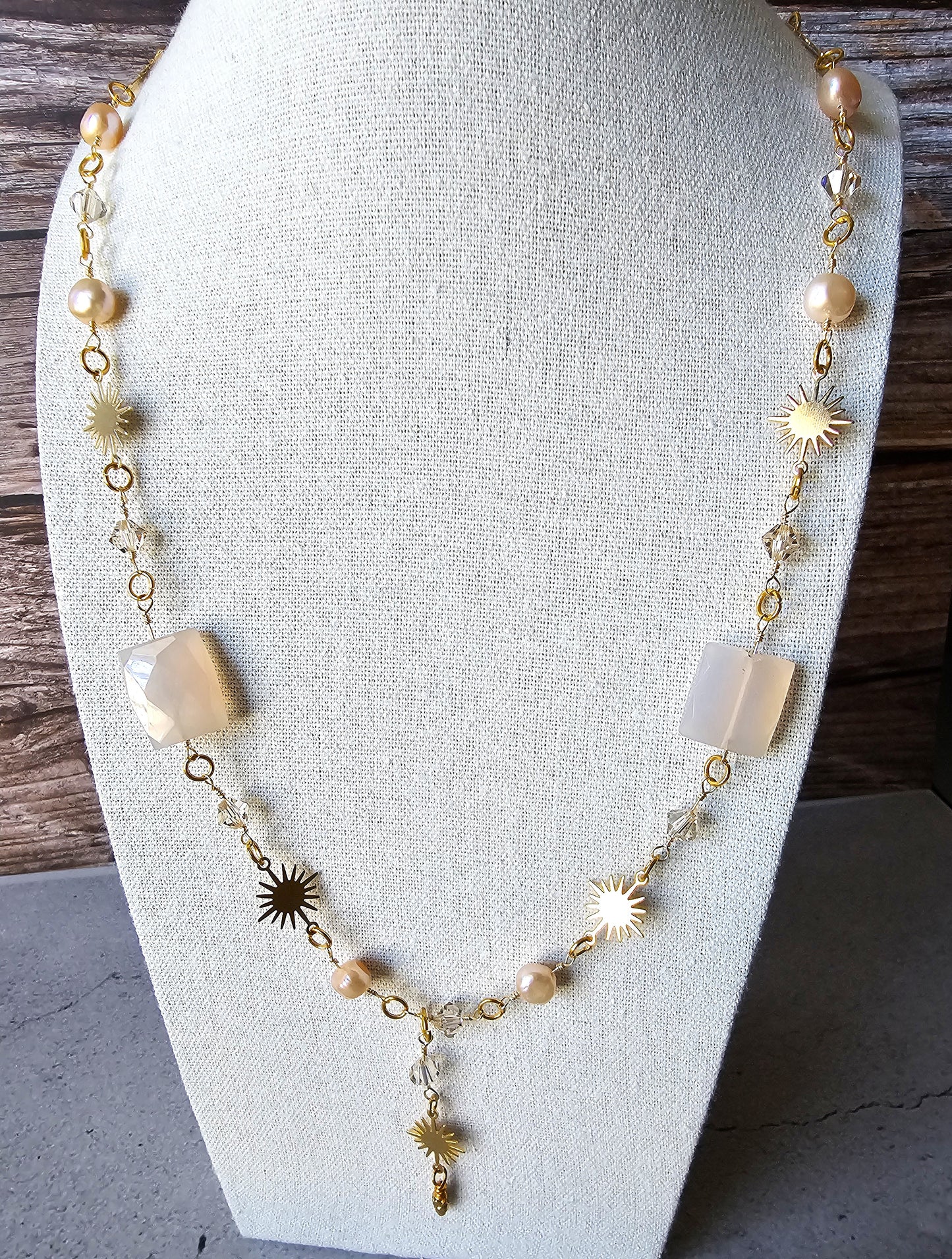 Artisan Gold Sunburst Wire Wrap Necklace with Freshwater Pearl, Acrylic, Glass, Rhinestone Beads