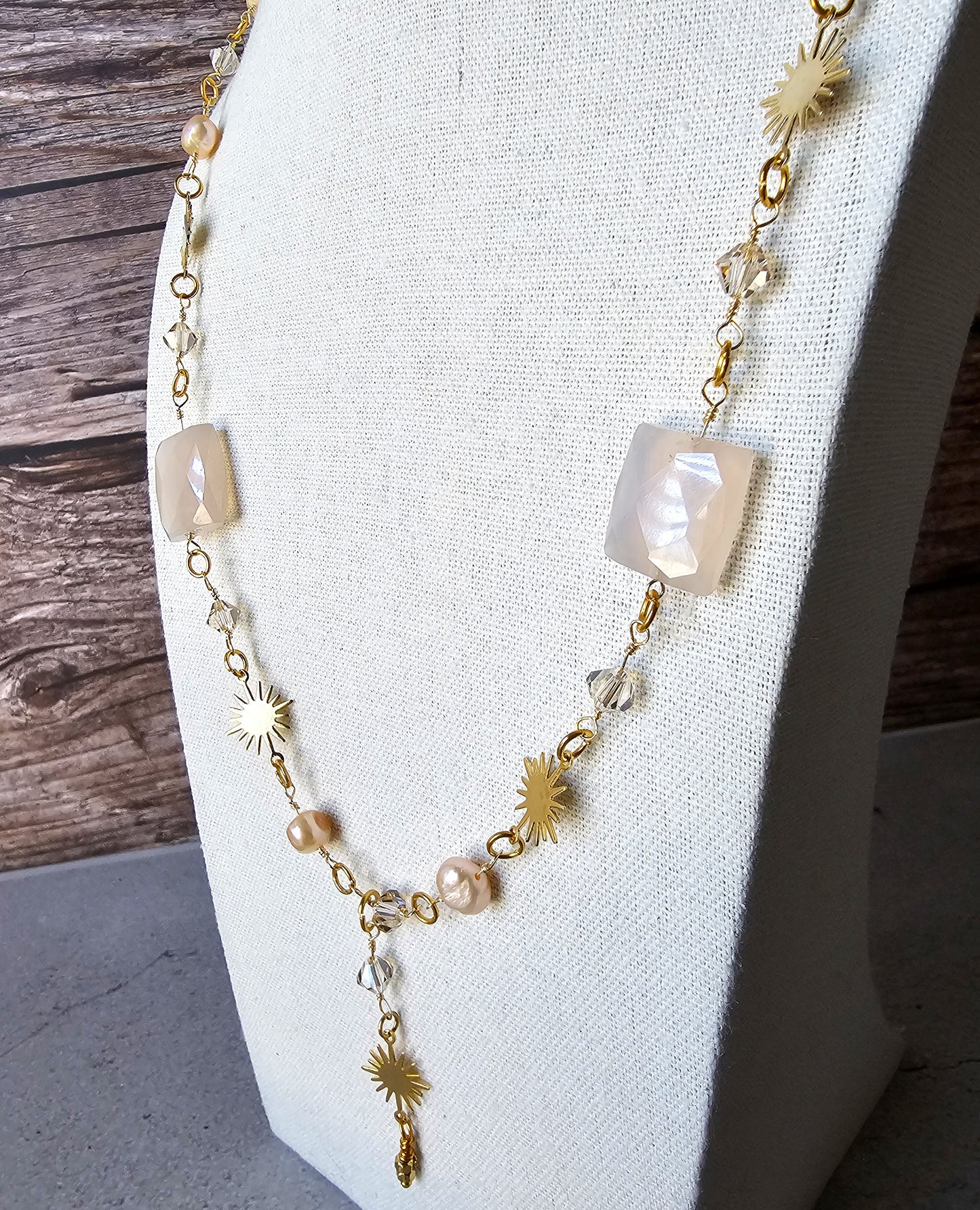 Artisan Gold Sunburst Wire Wrap Necklace with Freshwater Pearl, Acrylic, Glass, Rhinestone Beads