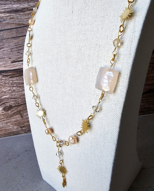 Artisan Gold Sunburst Wire Wrap Necklace with Freshwater Pearl, Acrylic, Glass, Rhinestone Beads