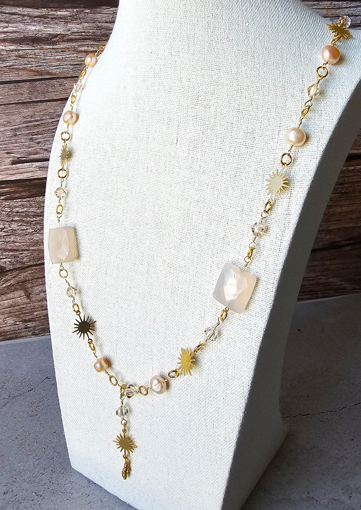 Artisan Gold Sunburst Wire Wrap Necklace with Freshwater Pearl, Acrylic, Glass, Rhinestone Beads