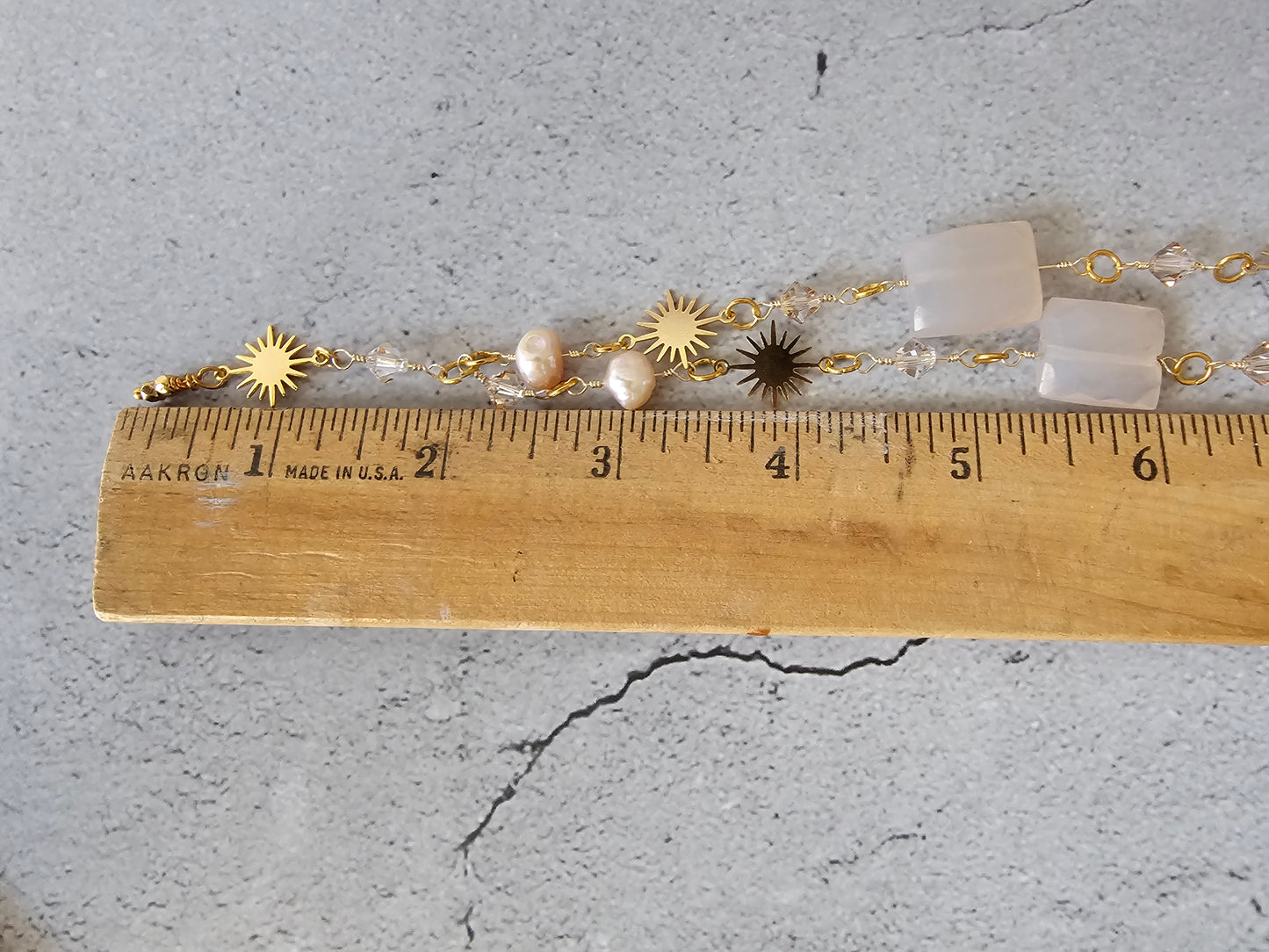 Artisan Gold Sunburst Wire Wrap Necklace with Freshwater Pearl, Acrylic, Glass, Rhinestone Beads