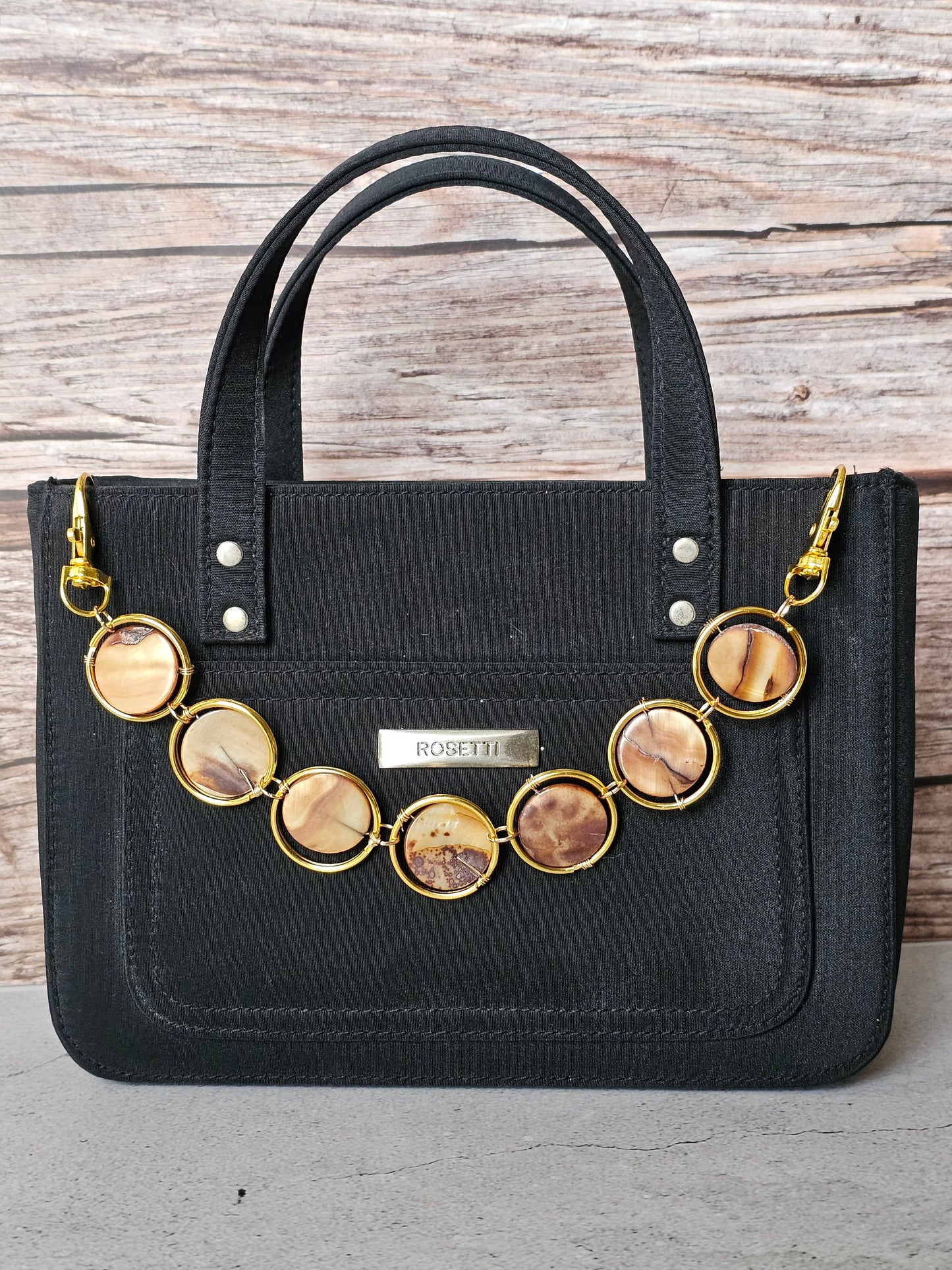 Brown Carmel Shell Medallion Purse Chain Accessory With Gold Accent & Lobster Clasp