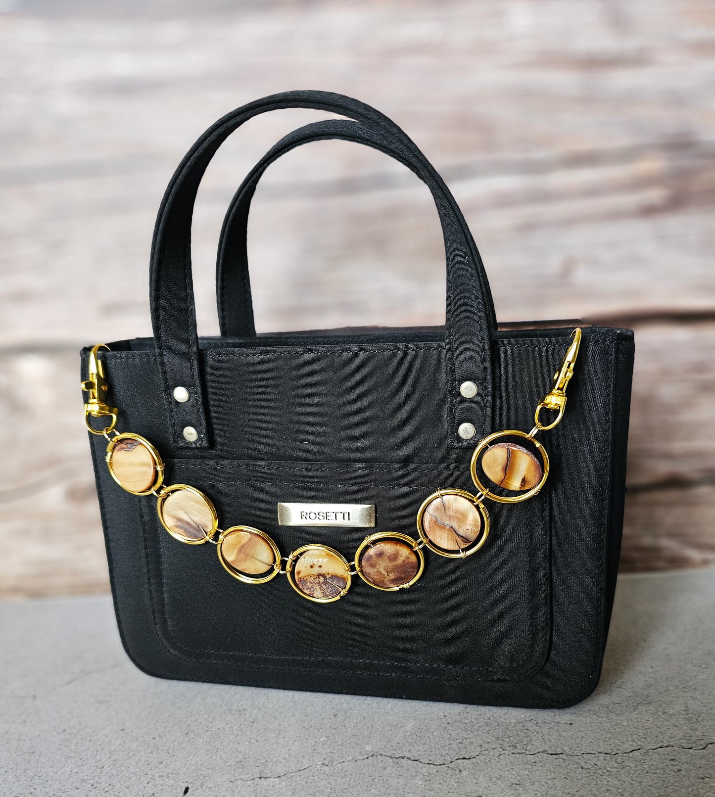 Brown Carmel Shell Medallion Purse Chain Accessory With Gold Accent & Lobster Clasp