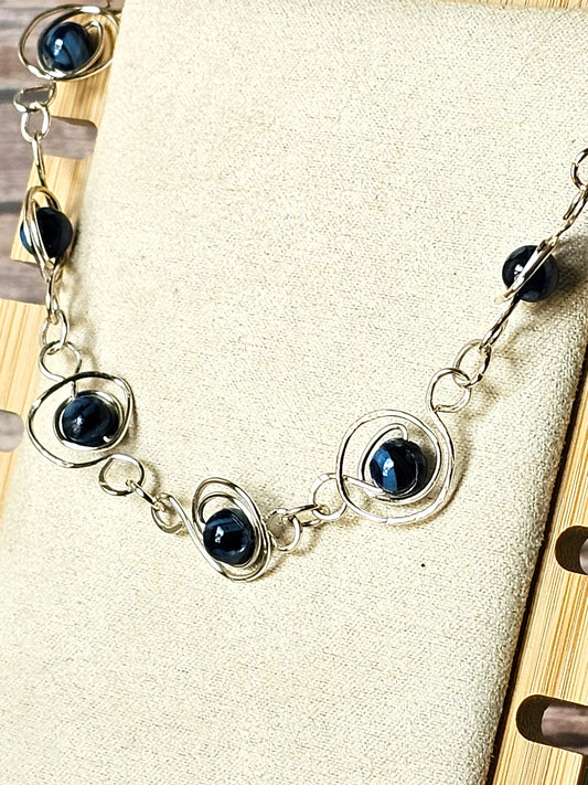 Blue Agate Stone Silver Plated Wire Spirals Bracelet W/Lobster Hook 9x.5"