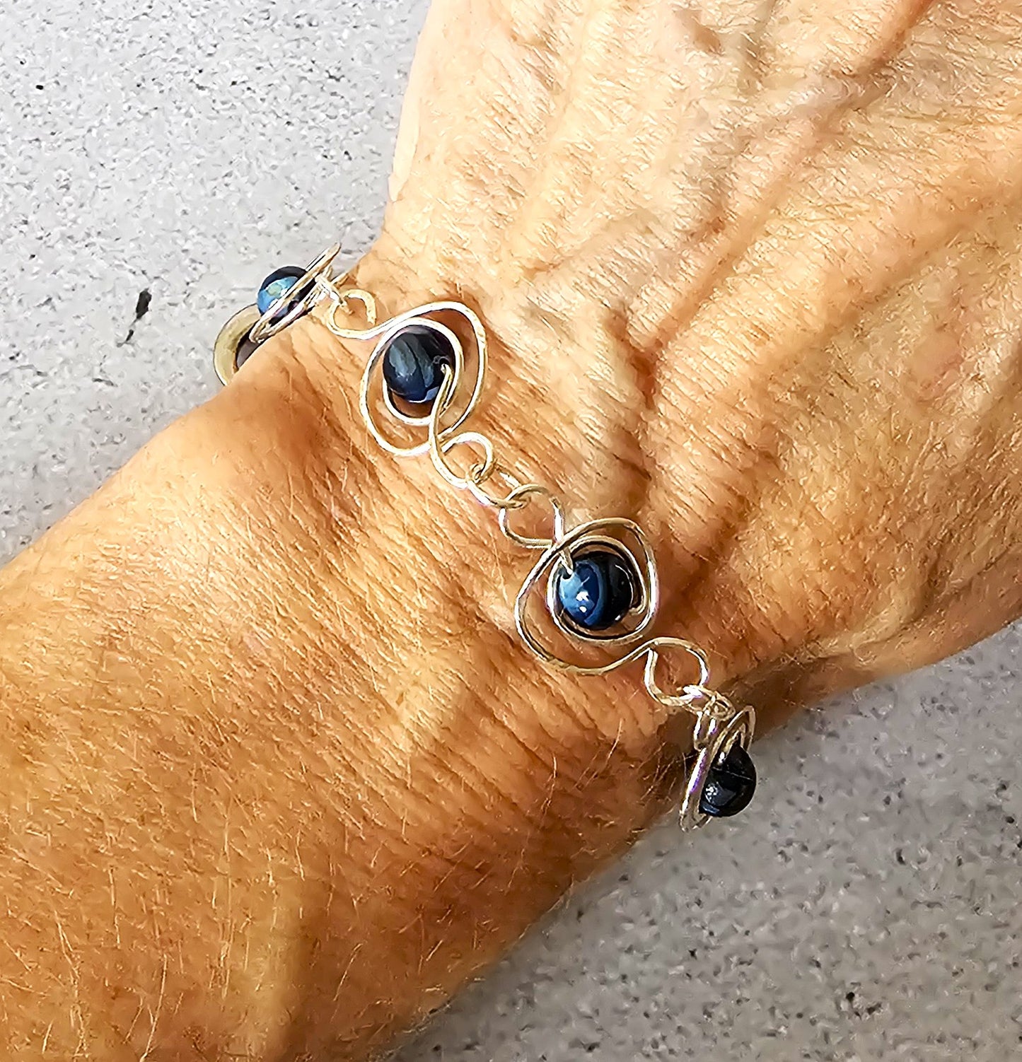 Blue Agate Stone Silver Plated Wire Spirals Bracelet W/Lobster Hook 9x.5"