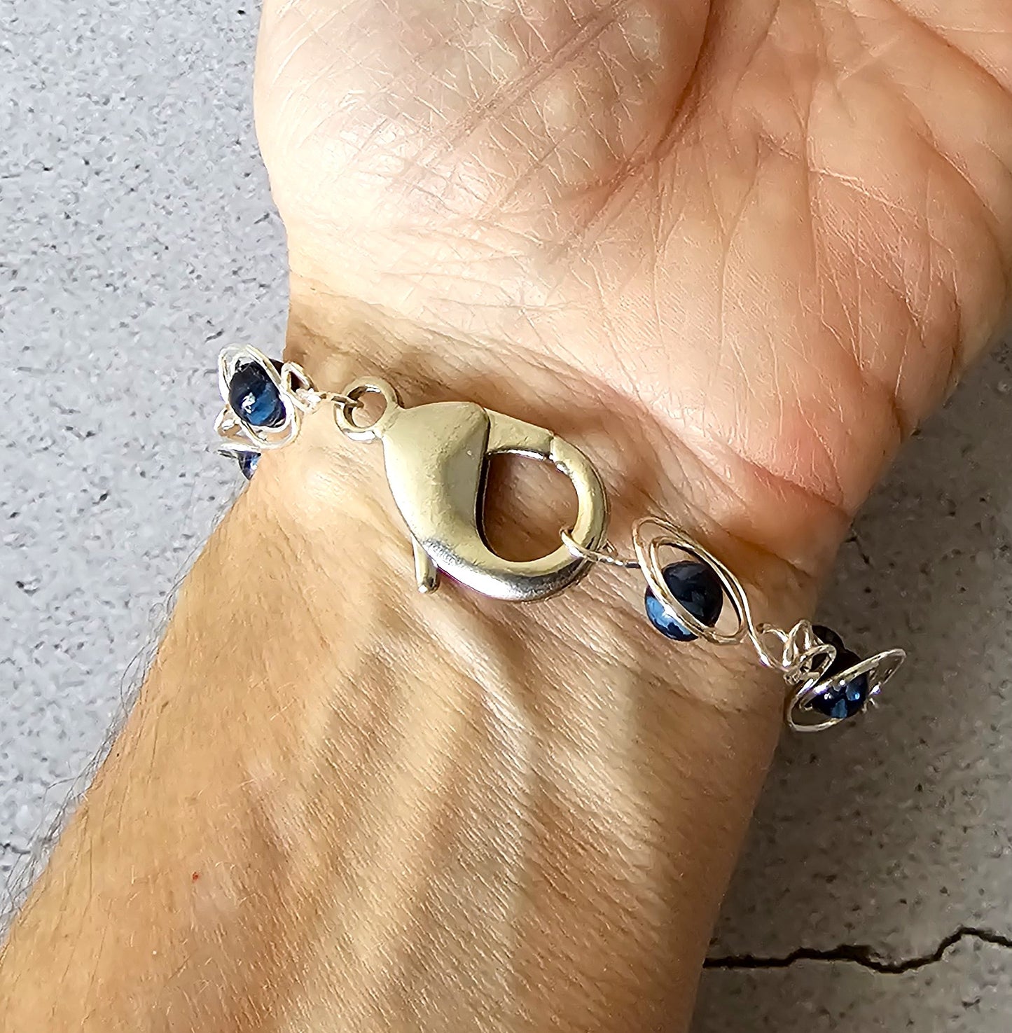 Blue Agate Stone Silver Plated Wire Spirals Bracelet W/Lobster Hook 9x.5"