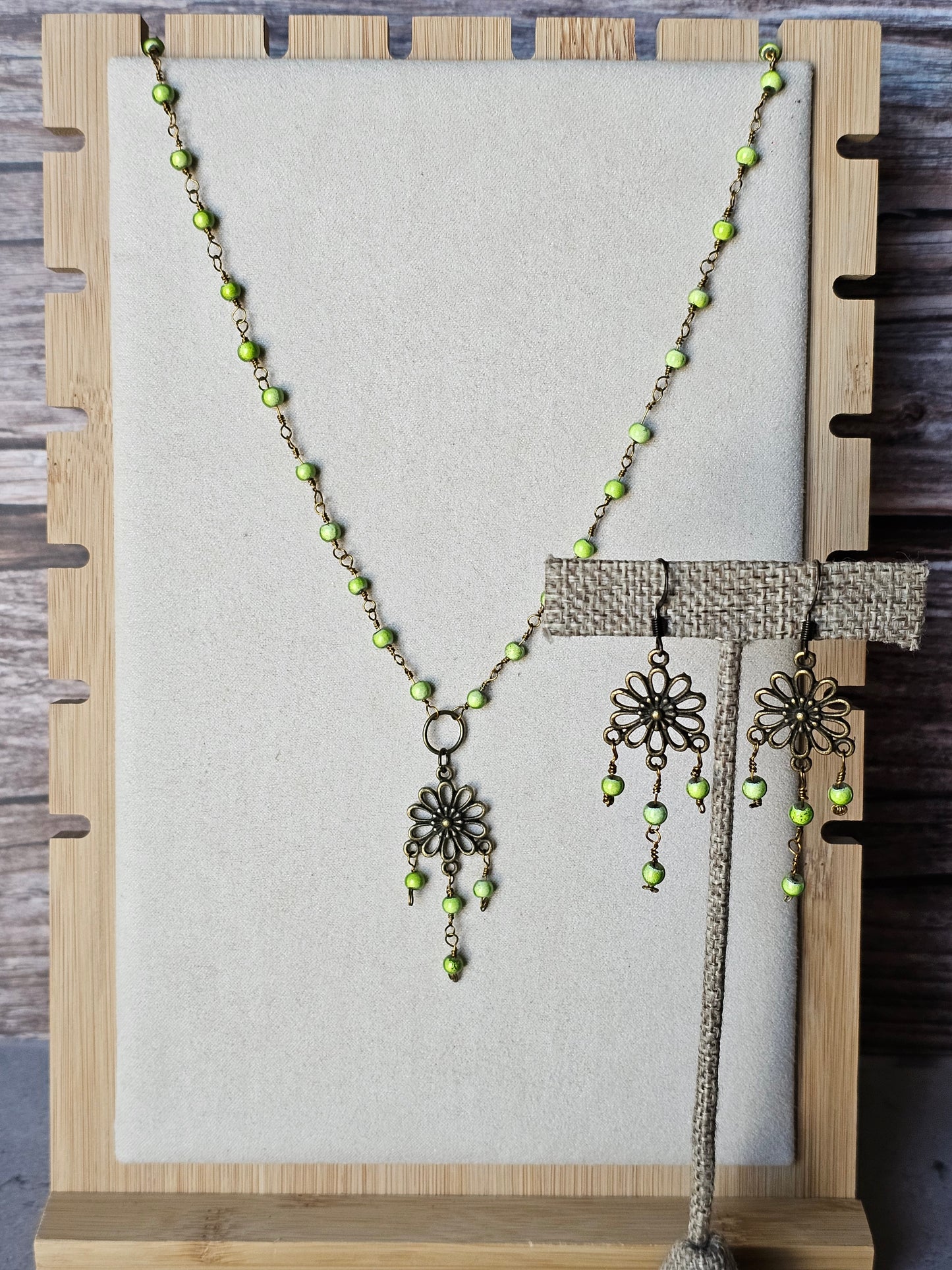 Handcrafted Artisan Antique Bronze Flower Necklace & Earrings Set