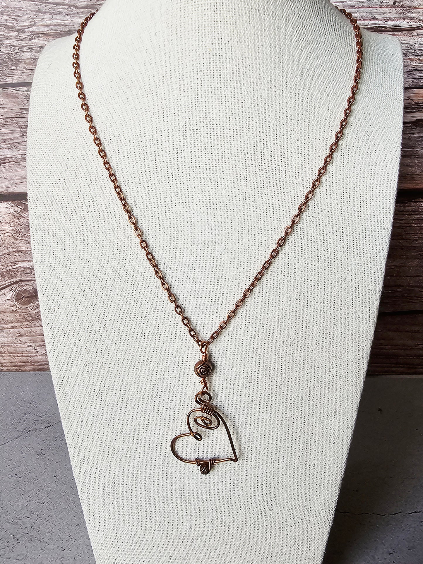 New Artisan Handcrafted Copper Wire Wrap Heart on Copper Chain Necklace