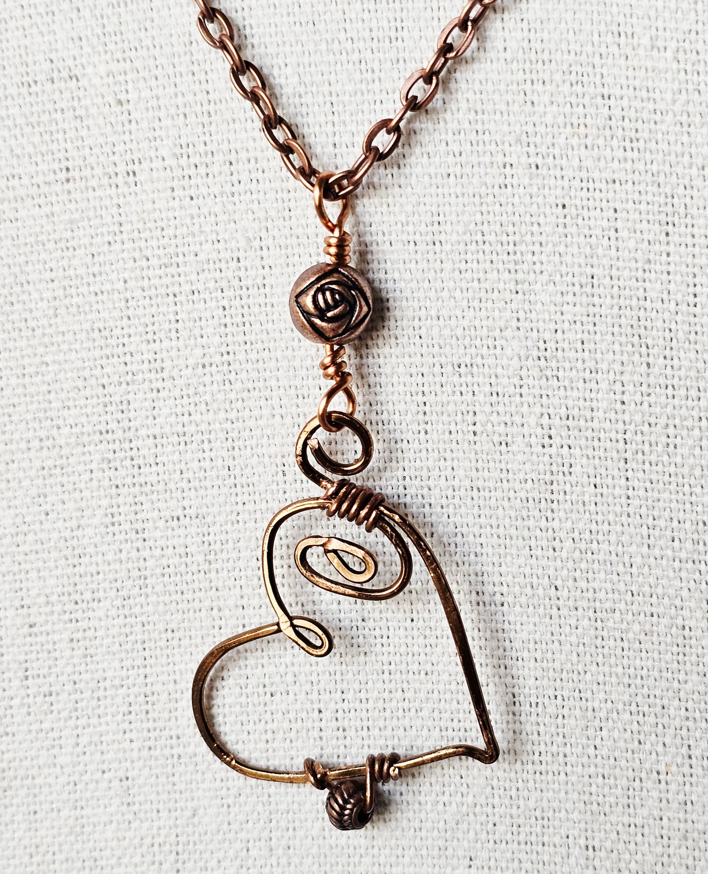 New Artisan Handcrafted Copper Wire Wrap Heart on Copper Chain Necklace