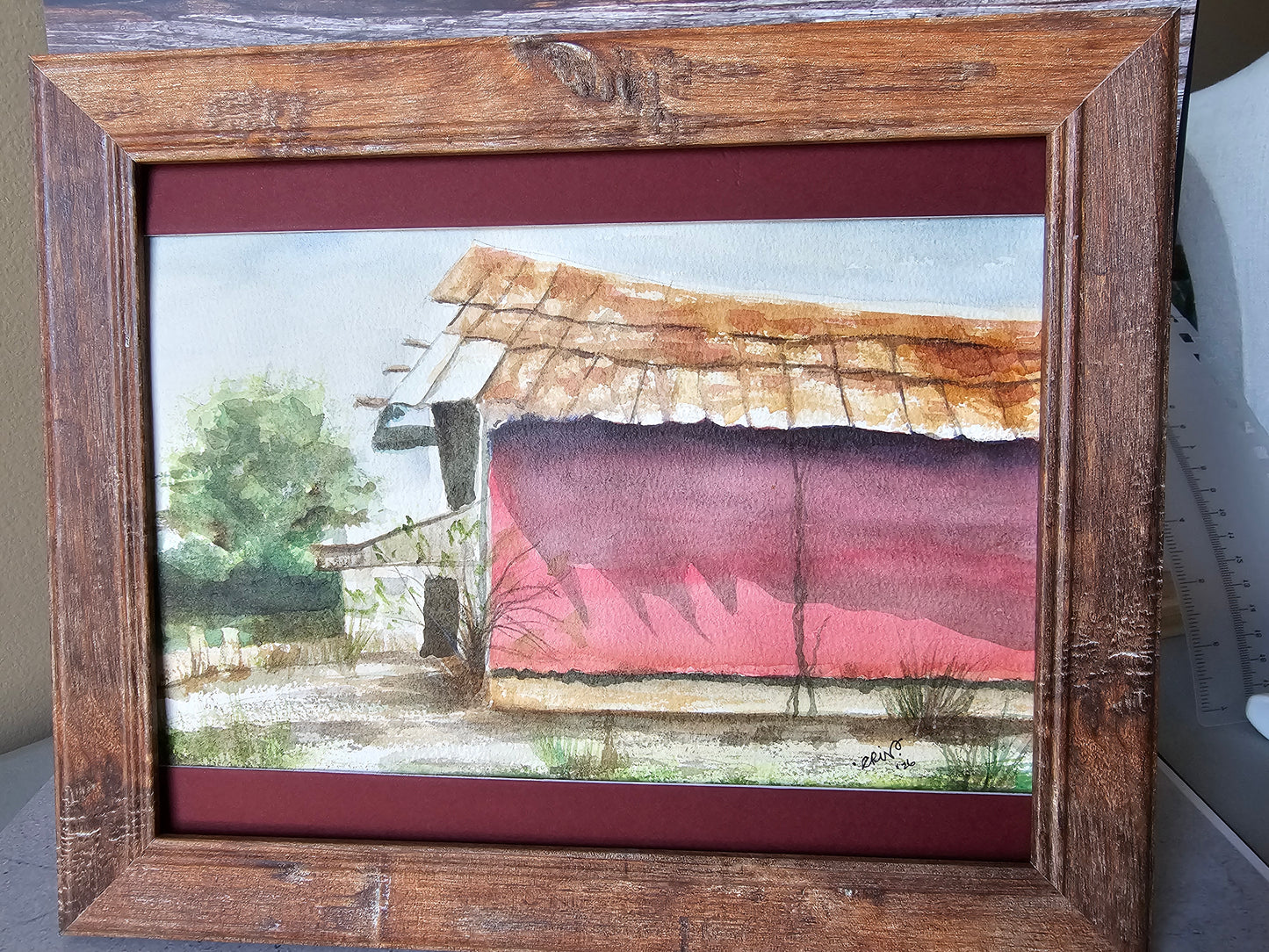 New Watercolor Framed Painting 'Rusty Barn' W/Half Matte, Wood Frame