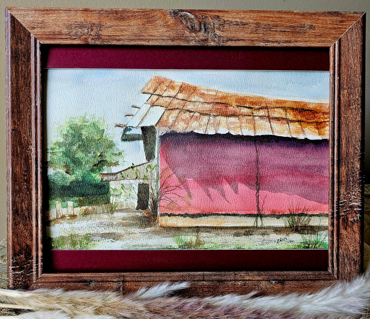 New Watercolor Framed Painting 'Rusty Barn' W/Half Matte, Wood Frame