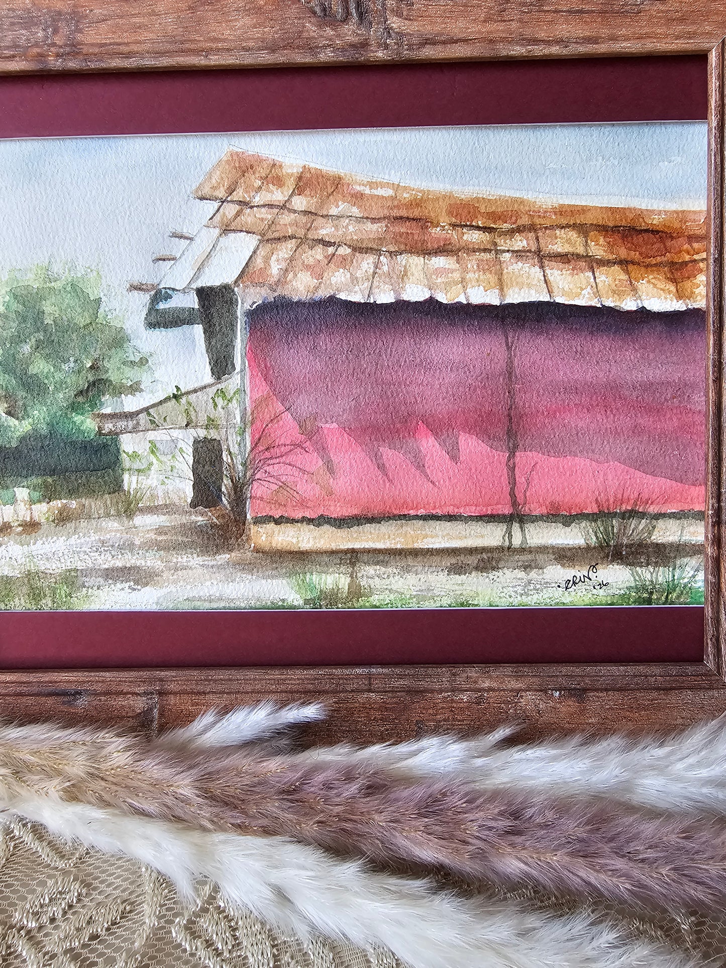 New Watercolor Framed Painting 'Rusty Barn' W/Half Matte, Wood Frame