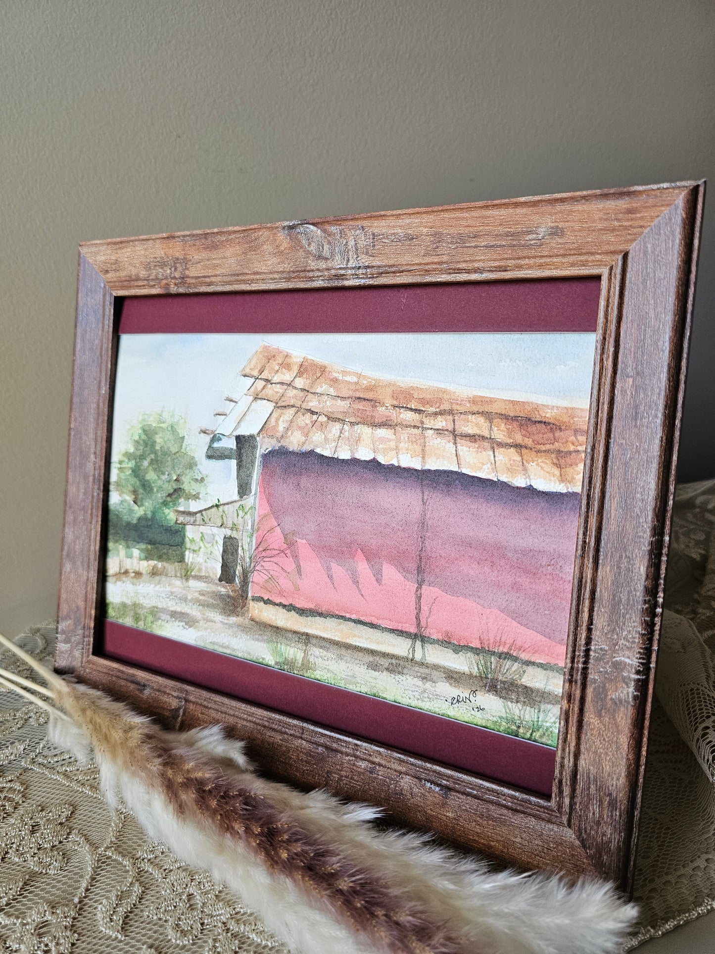 New Watercolor Framed Painting 'Rusty Barn' W/Half Matte, Wood Frame