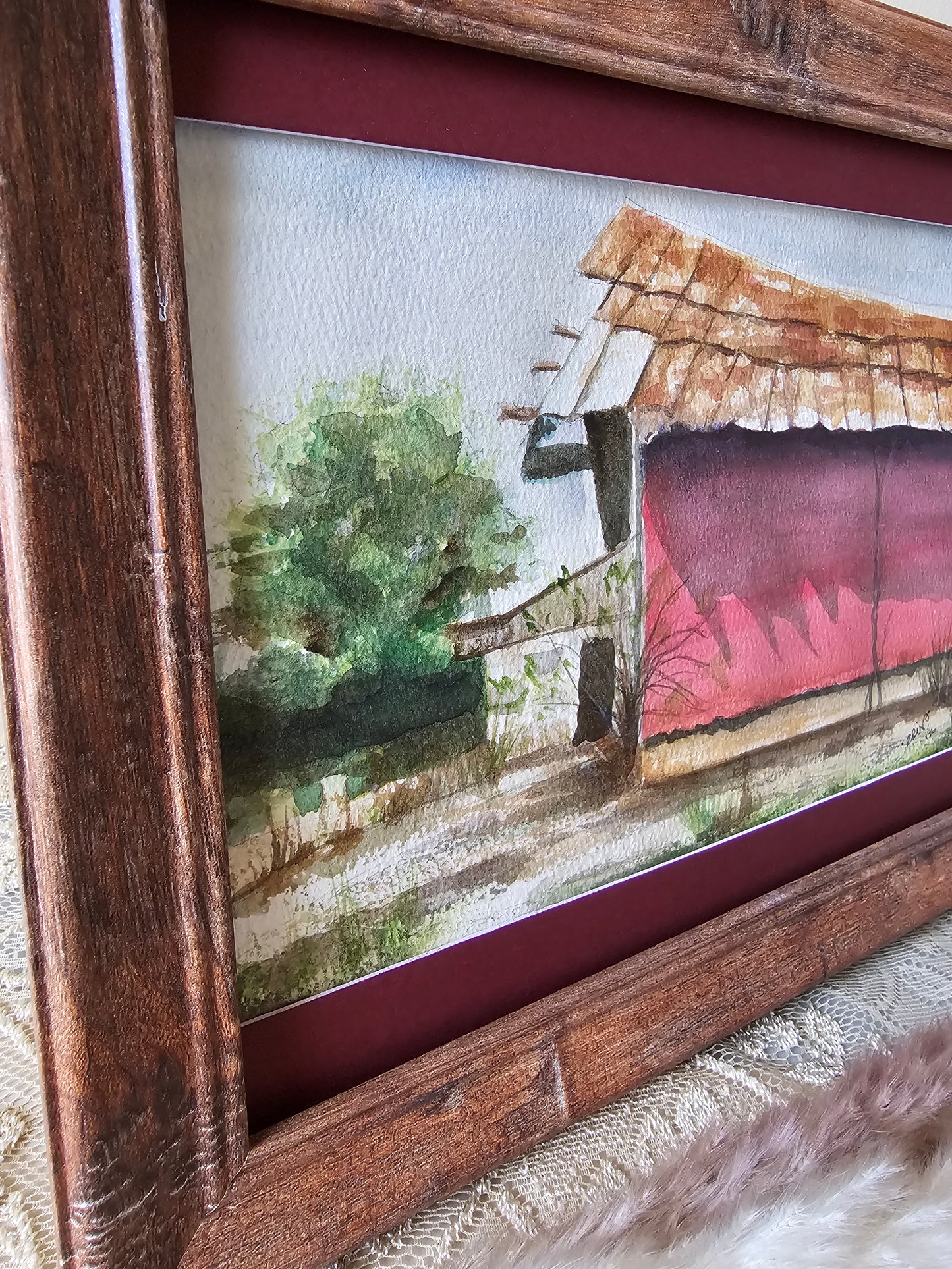 New Watercolor Framed Painting 'Rusty Barn' W/Half Matte, Wood Frame