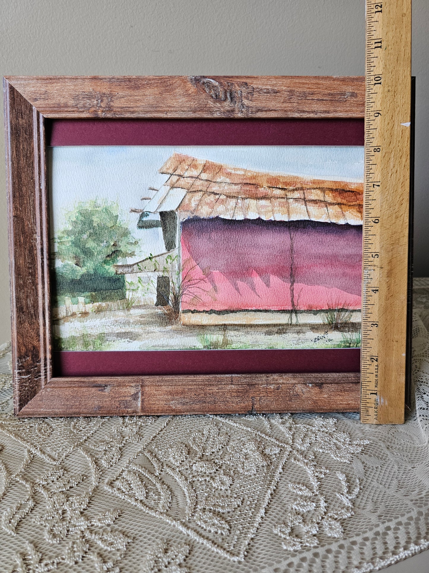 New Watercolor Framed Painting 'Rusty Barn' W/Half Matte, Wood Frame