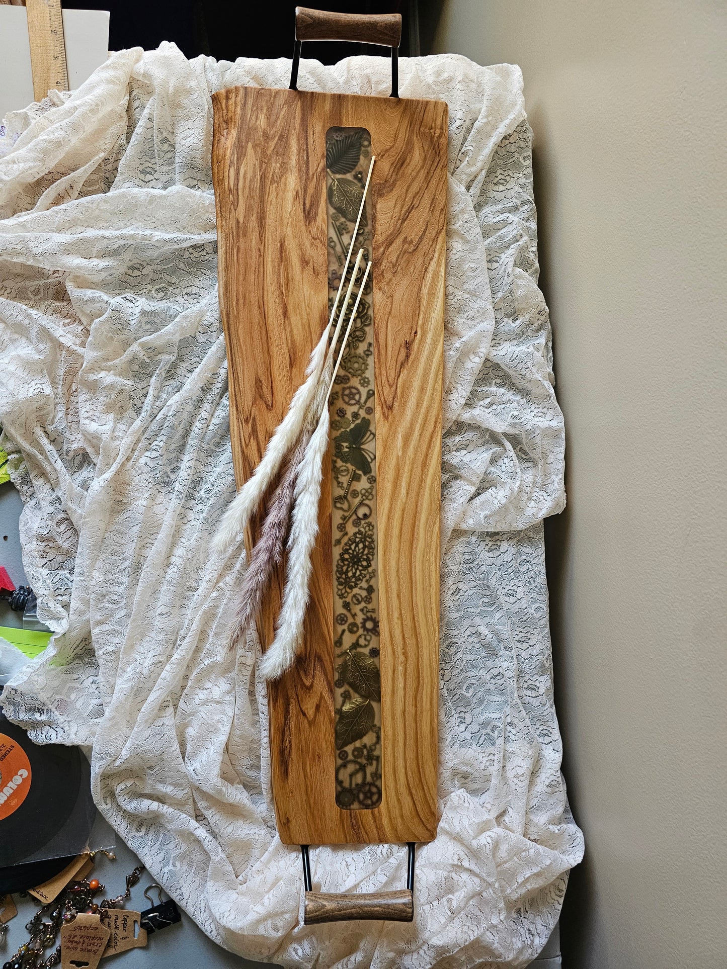 Gorgeous Large Ash Wood Charcuterie Board with Handles, Rubber Feet, Charms