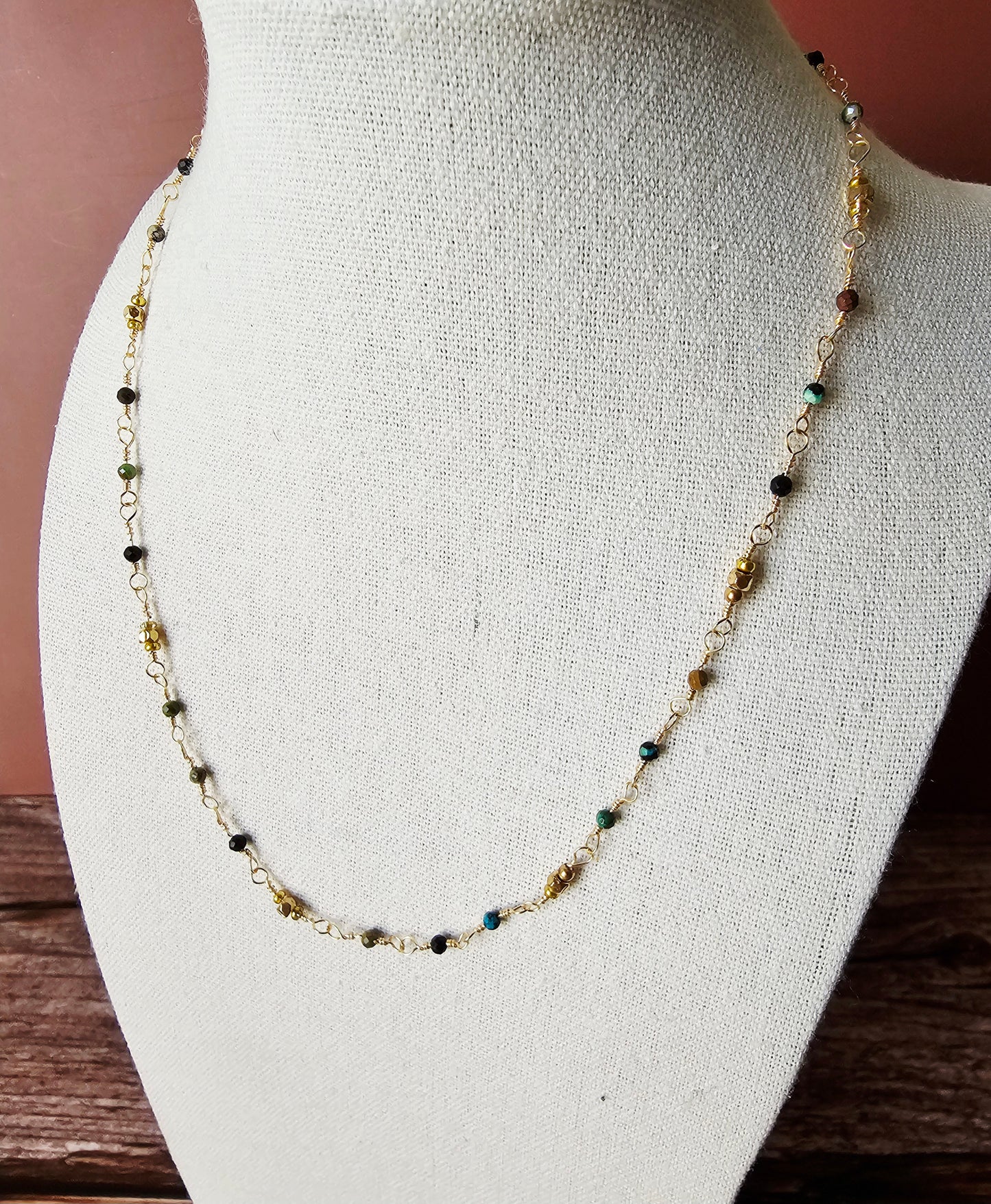 New Artisan Semi-Precious Turquoise and Gold Bead Necklace 17" Wire Wrapped