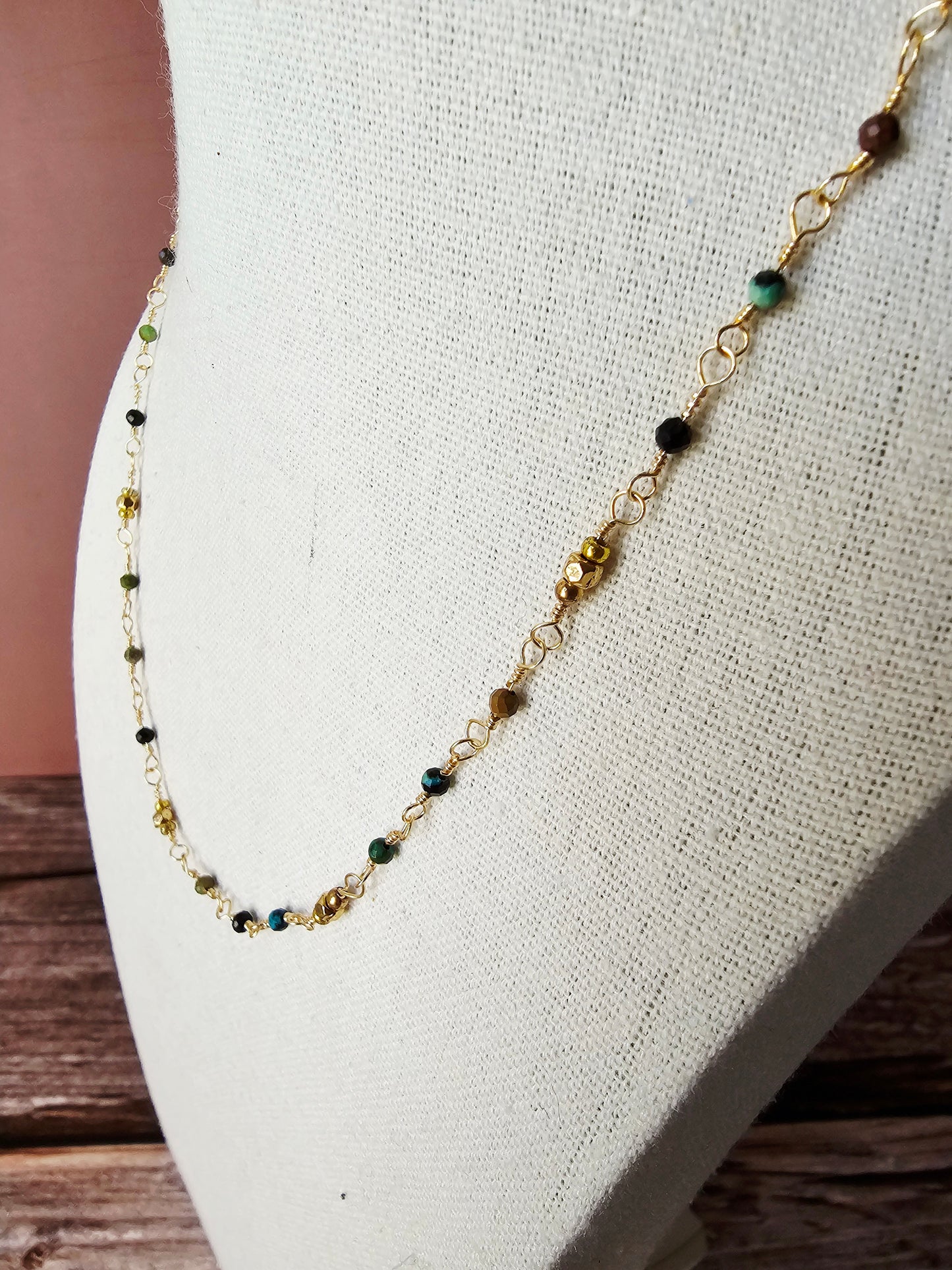 New Artisan Semi-Precious Turquoise and Gold Bead Necklace 17" Wire Wrapped