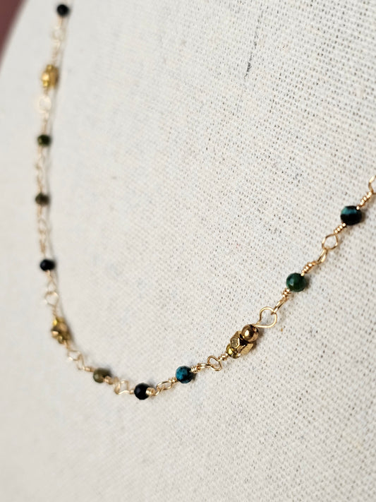 New Artisan Semi-Precious Turquoise and Gold Bead Necklace 17" Wire Wrapped