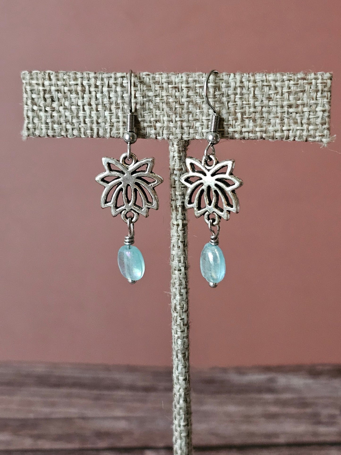 New Artisan Silver Lotus Flower Charm Earrings with Aqua Iridescent Beads