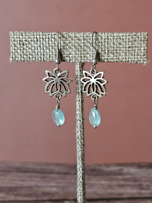 New Artisan Silver Lotus Flower Charm Earrings with Aqua Iridescent Beads