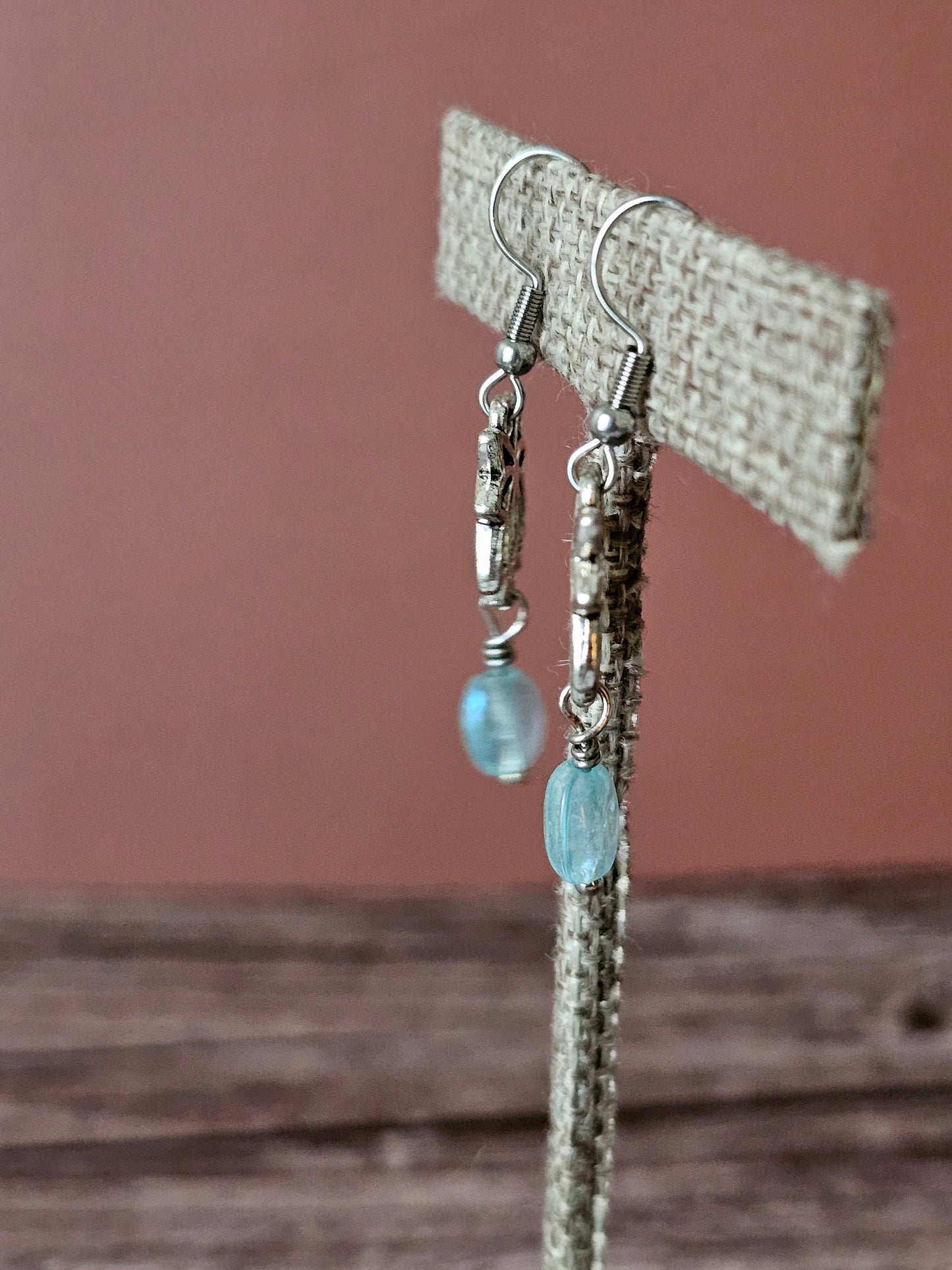 New Artisan Silver Lotus Flower Charm Earrings with Aqua Iridescent Beads