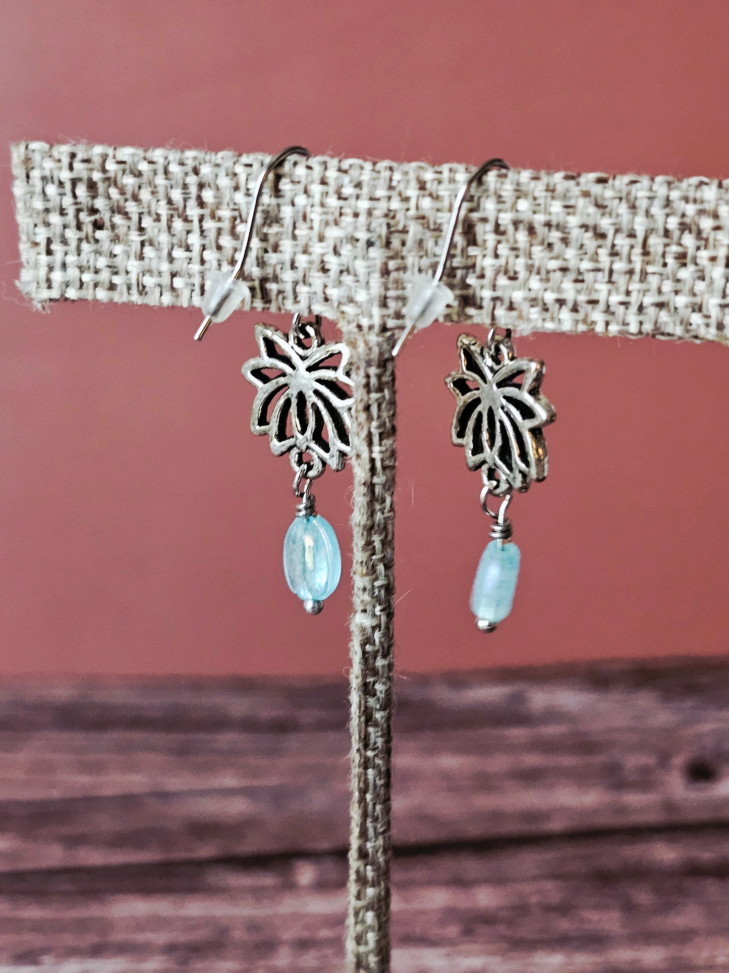 New Artisan Silver Lotus Flower Charm Earrings with Aqua Iridescent Beads