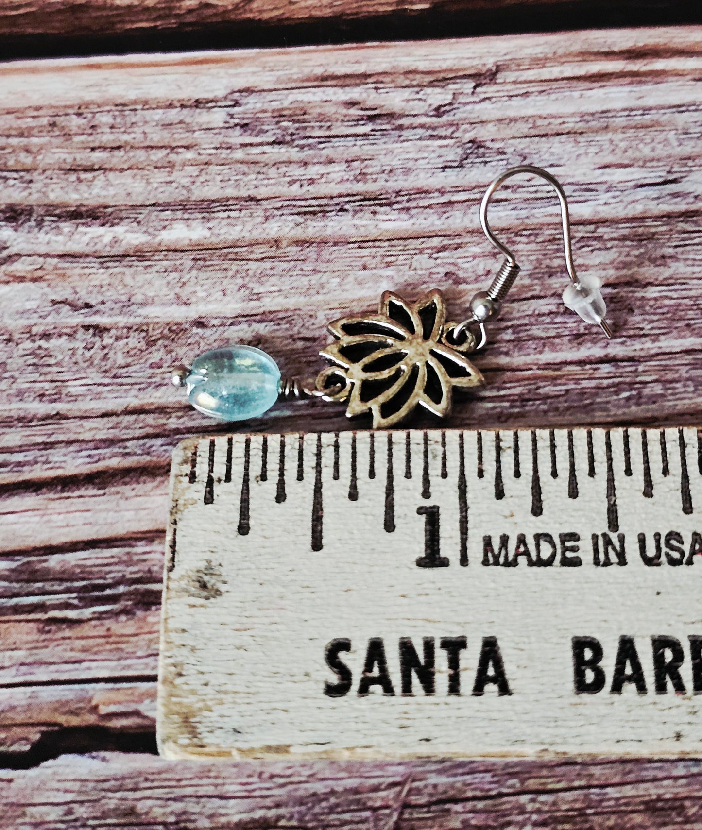 New Artisan Silver Lotus Flower Charm Earrings with Aqua Iridescent Beads
