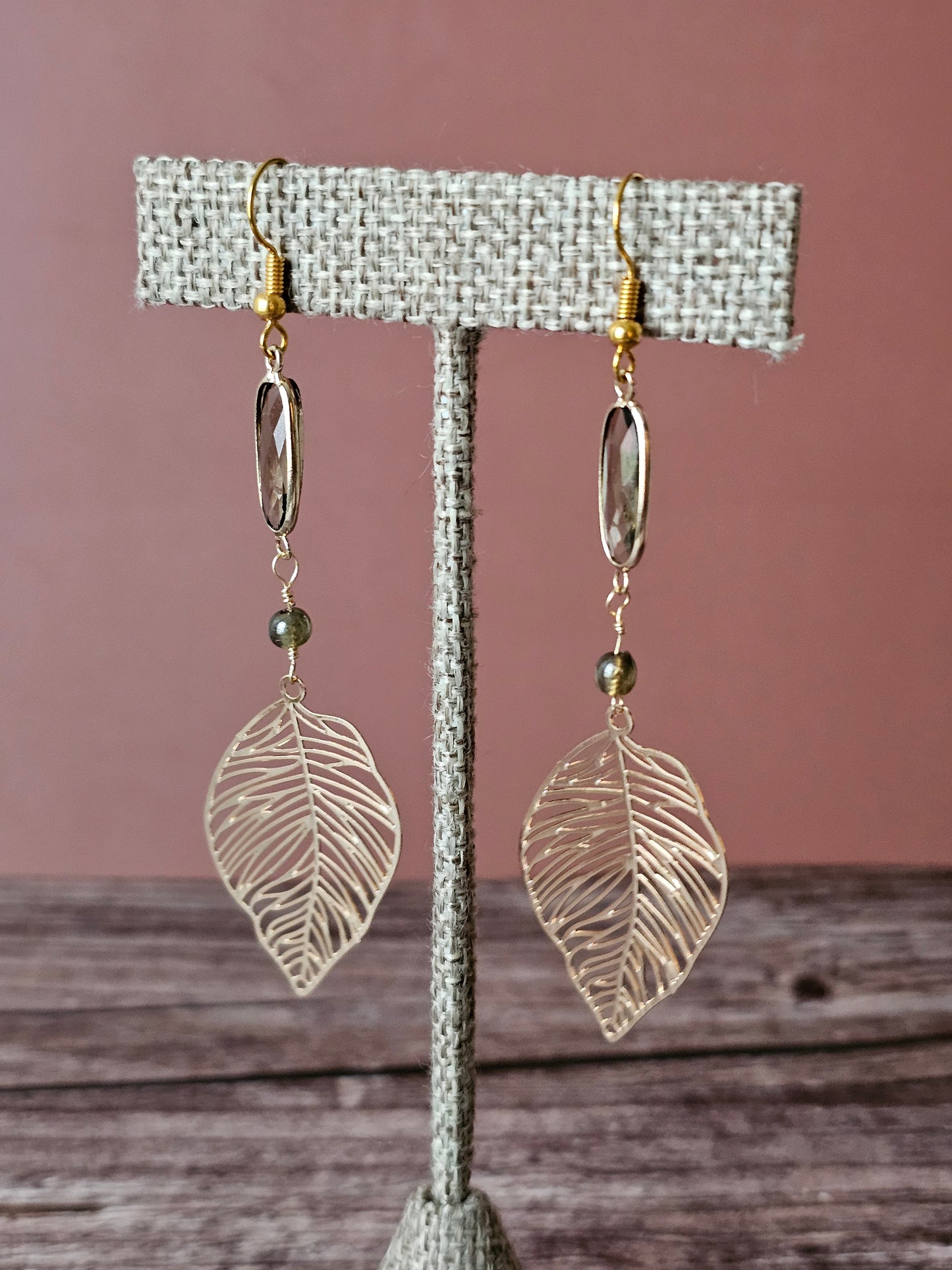New Artisan Gold Palm Leaf Charm Earrings W/Smoky Rhinestone Bezel Beads 3x1"
