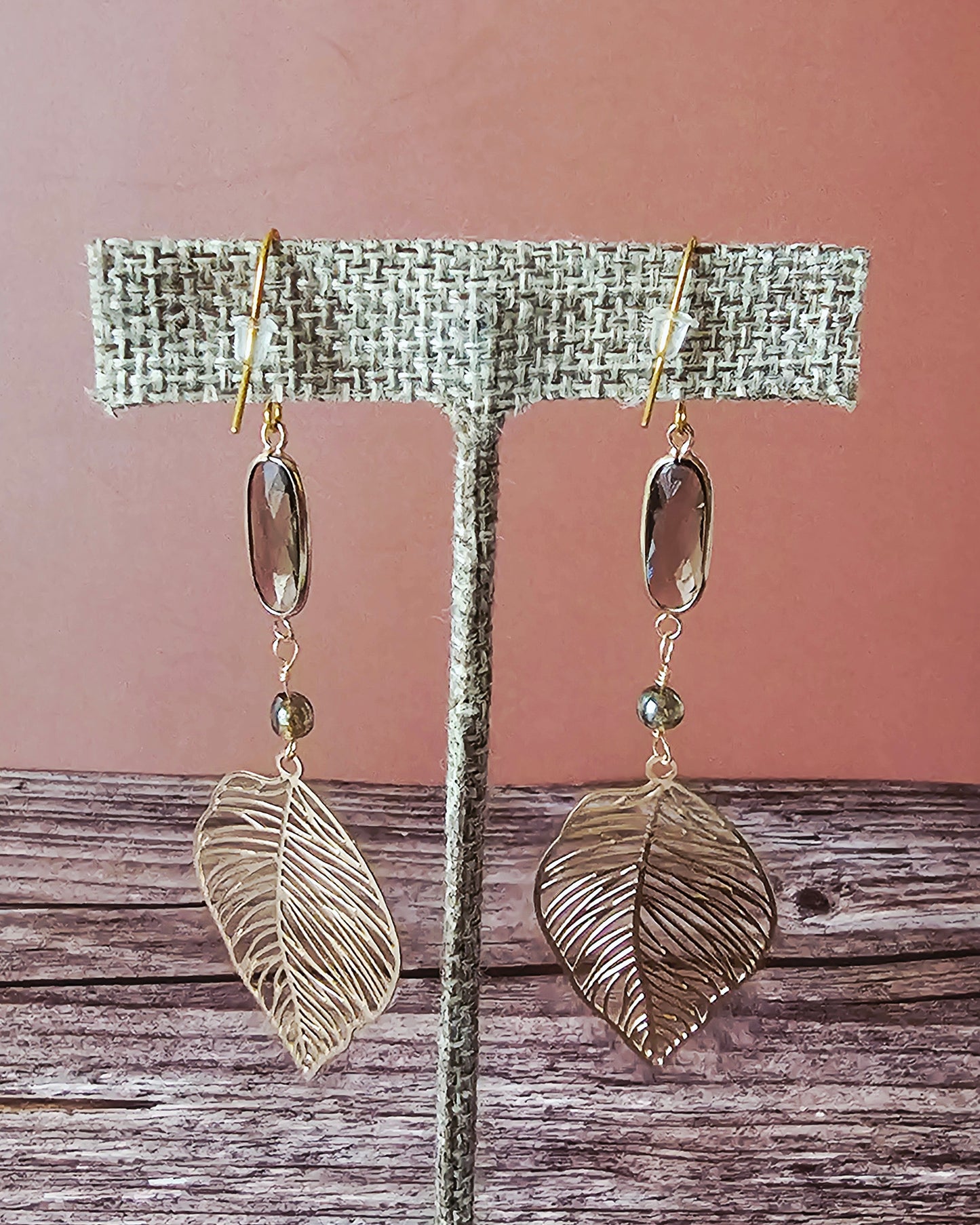 New Artisan Gold Palm Leaf Charm Earrings W/Smoky Rhinestone Bezel Beads 3x1"