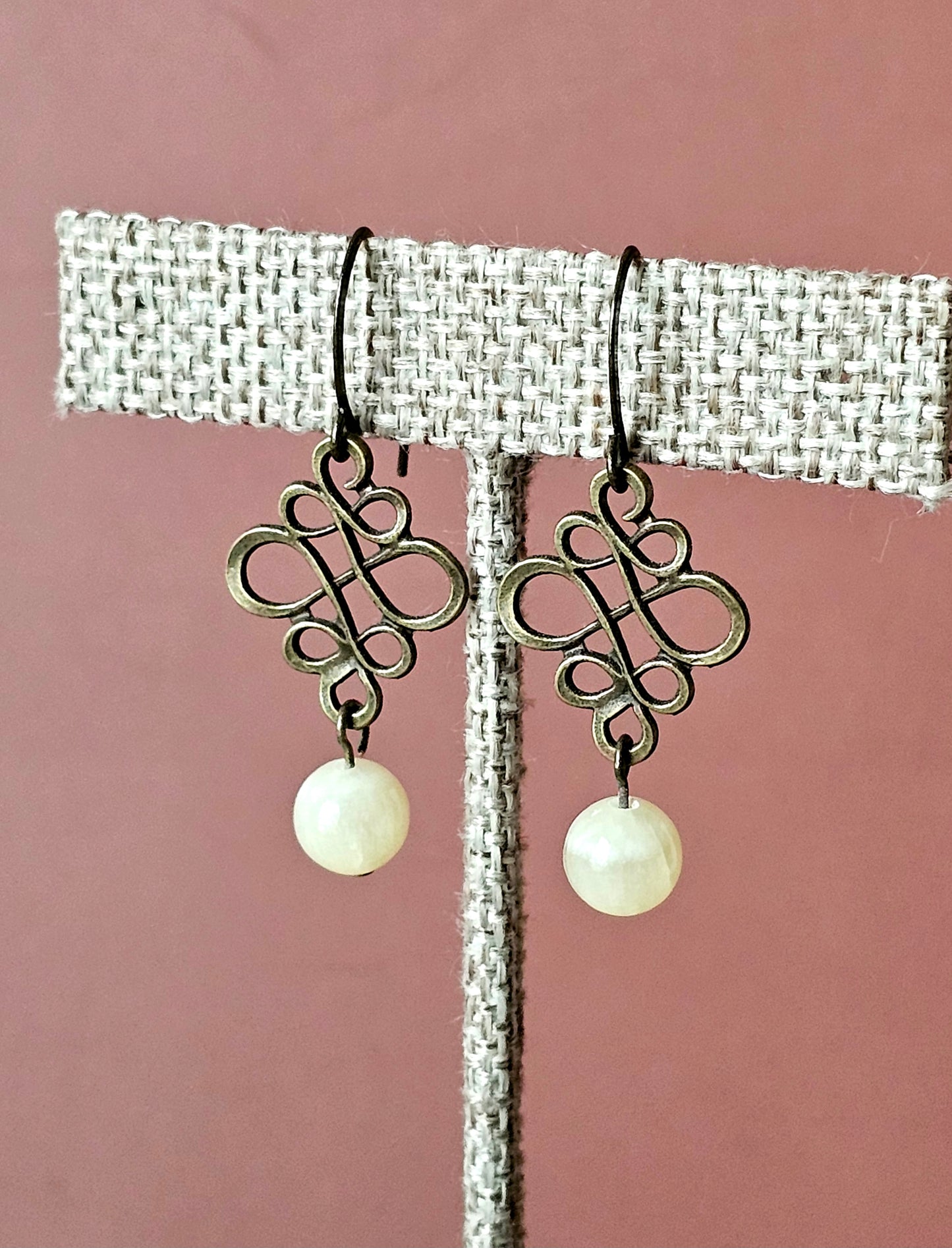New Artisan Opaque Yellow Agate Bead & Antique Bronze Scroll Charm Earrings