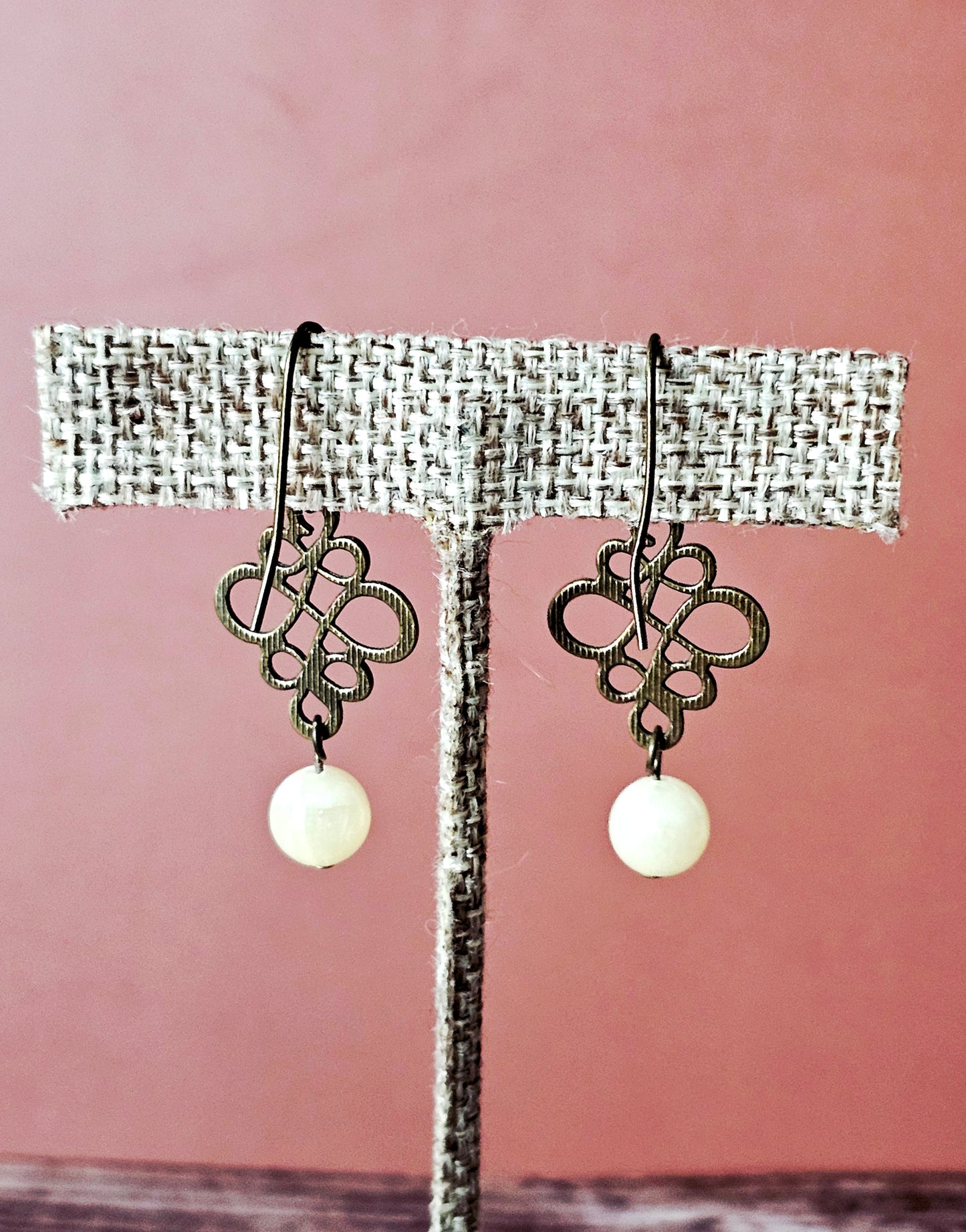 New Artisan Opaque Yellow Agate Bead & Antique Bronze Scroll Charm Earrings