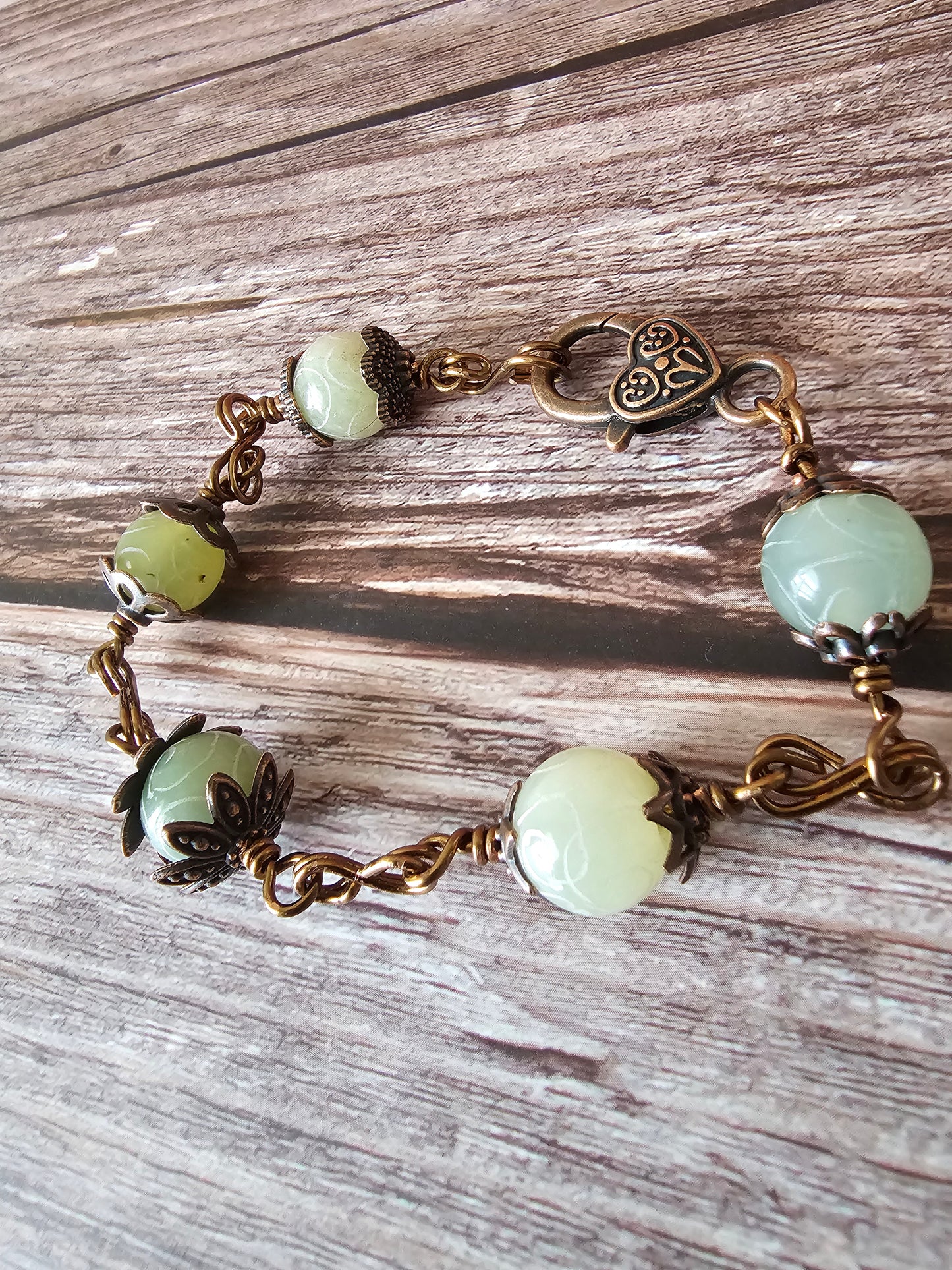 New Artisan Antique Copper Wire Wrap Bracelet W/Green & Cream Scrolled Agate Beads