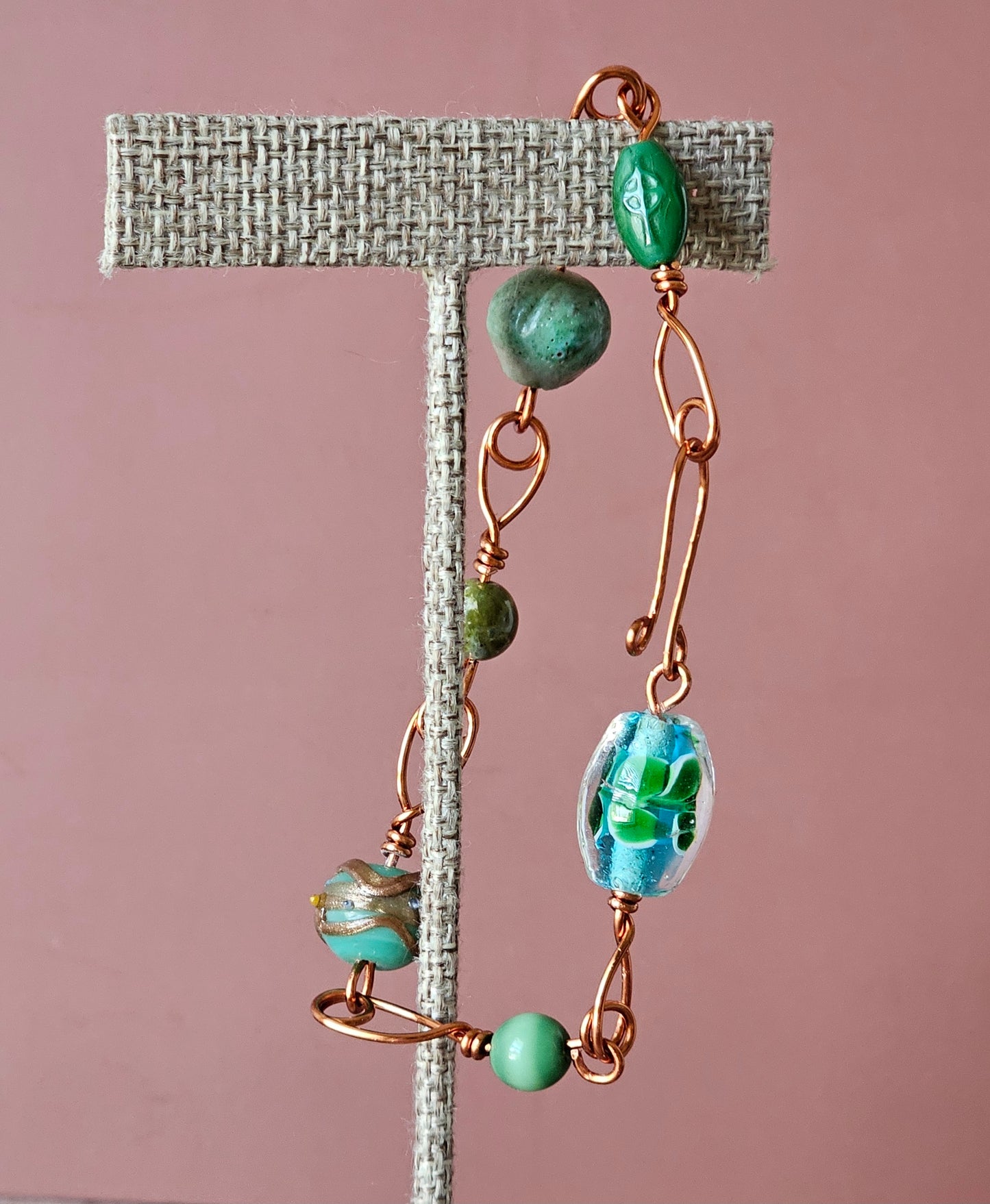 New Artisan Copper Wire & Green Glass Floral Bead Bracelet Wire Wrap 8.25"