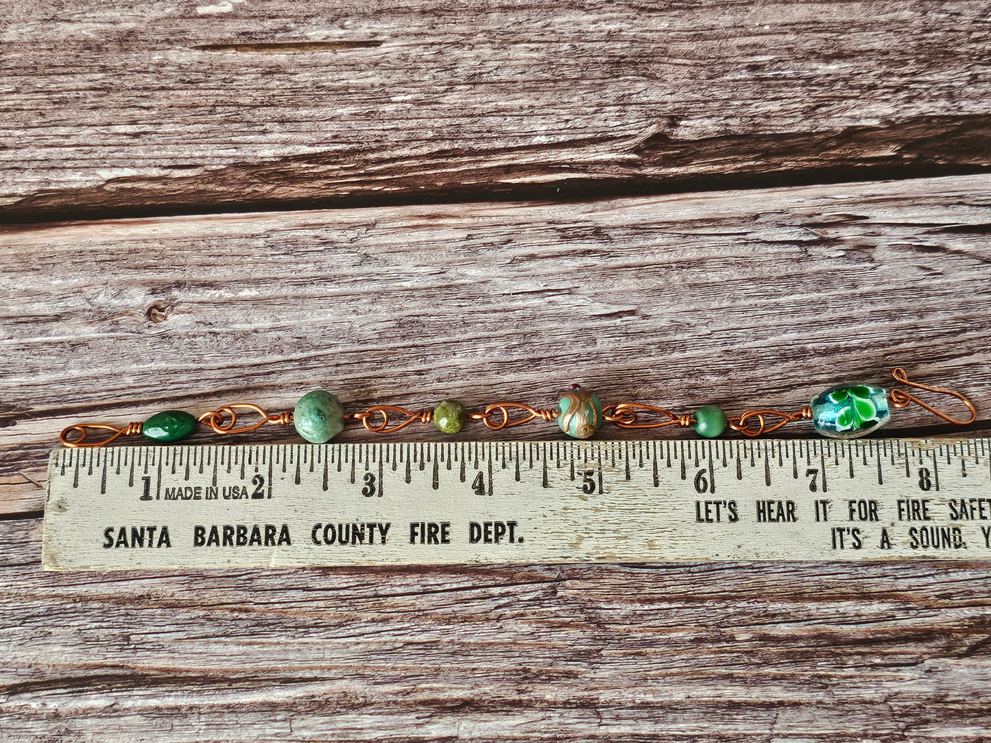 New Artisan Copper Wire & Green Glass Floral Bead Bracelet Wire Wrap 8.25"