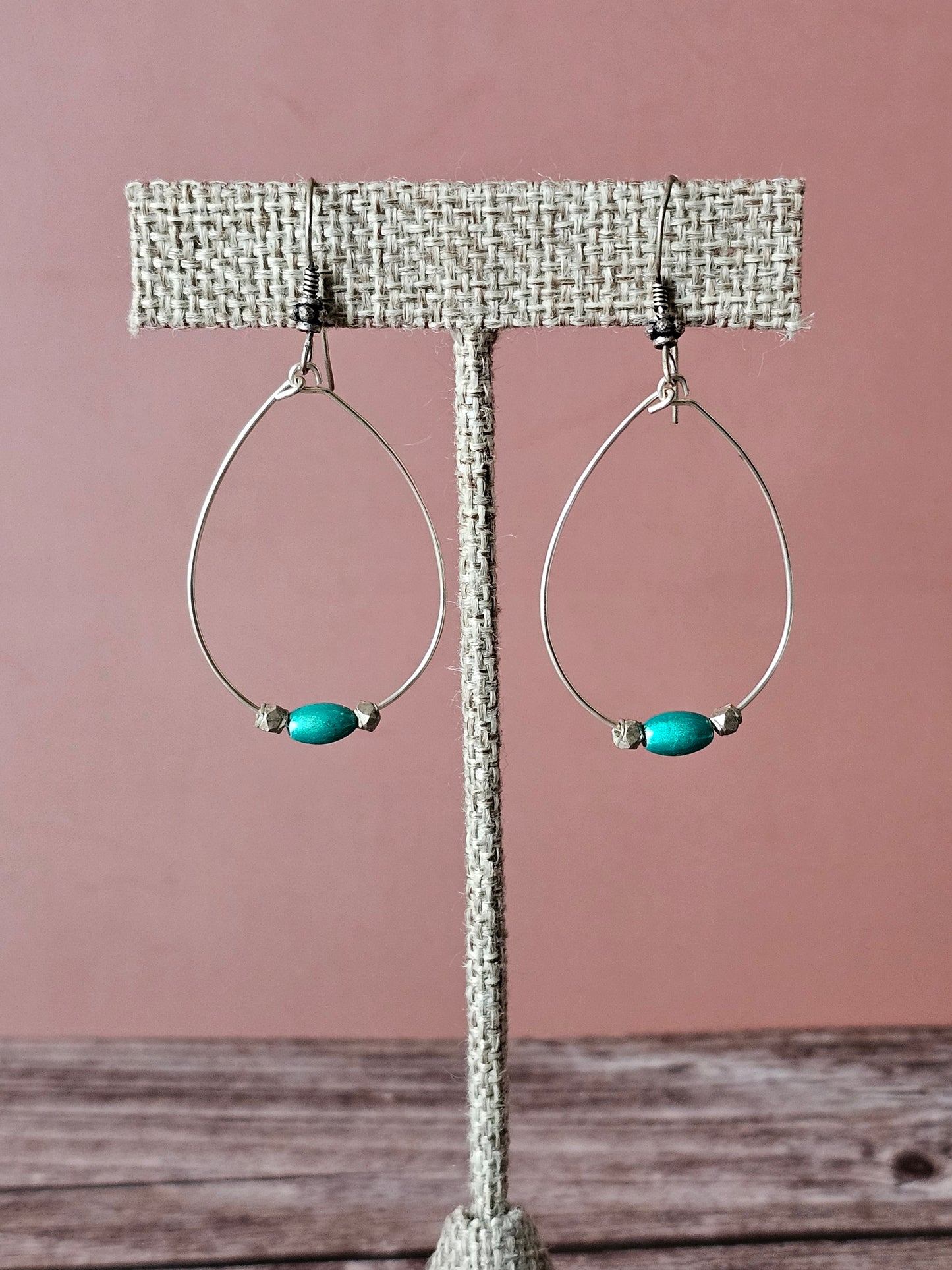 Set 2 Pair of Simple Teardrop Hoop Wire Earrings W/Turq & Lav Beads 1.75"