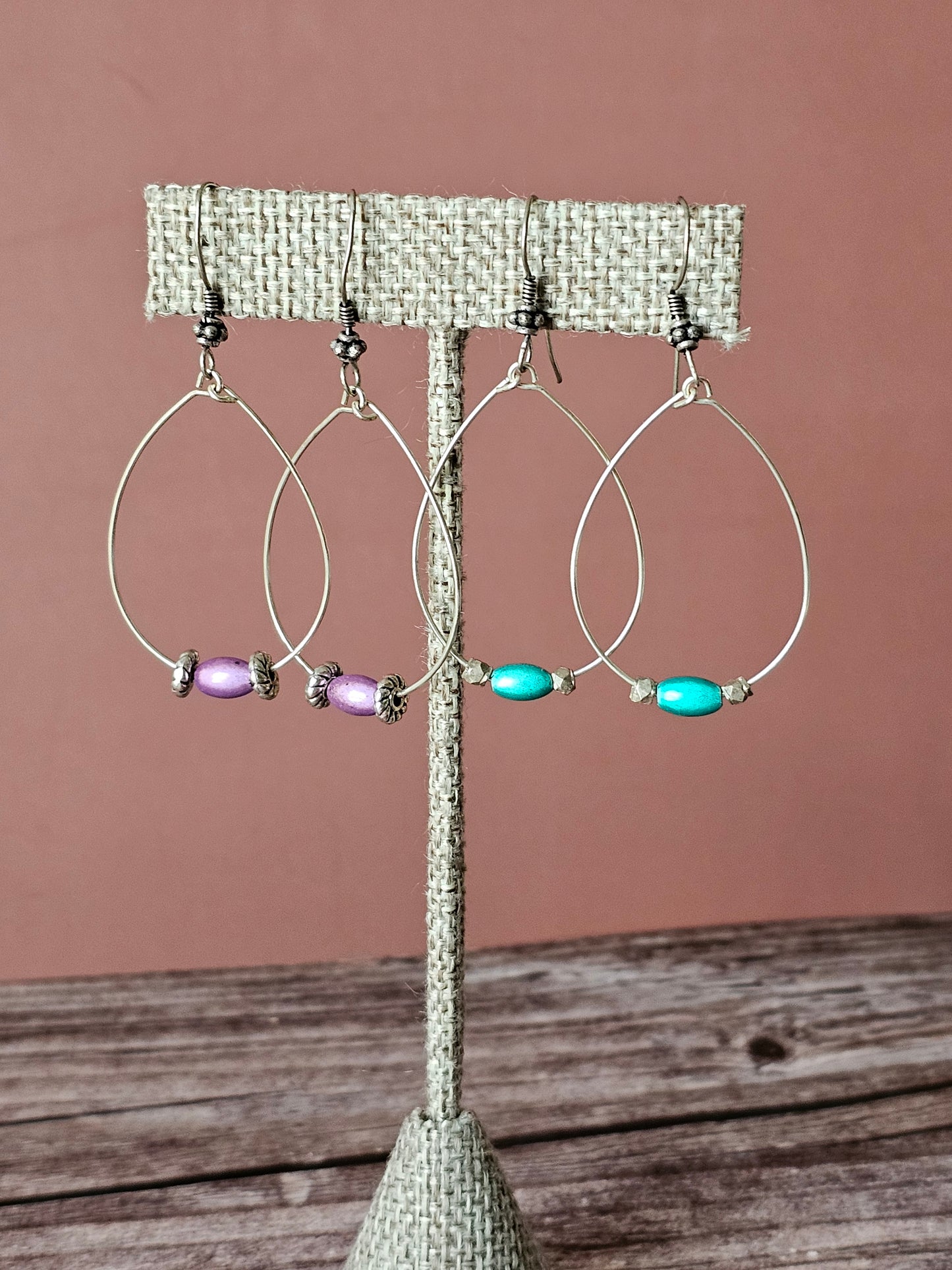 Set 2 Pair of Simple Teardrop Hoop Wire Earrings W/Turq & Lav Beads 1.75"