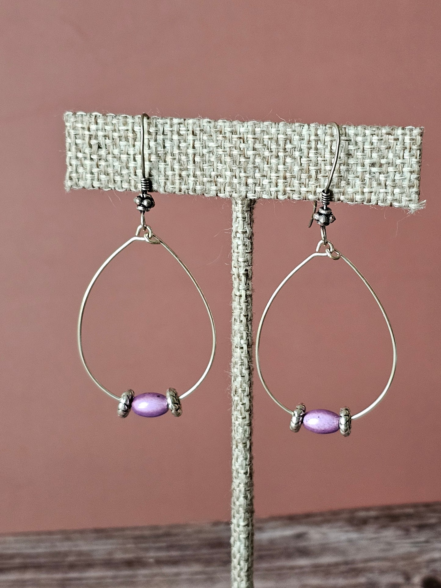 Set 2 Pair of Simple Teardrop Hoop Wire Earrings W/Turq & Lav Beads 1.75"