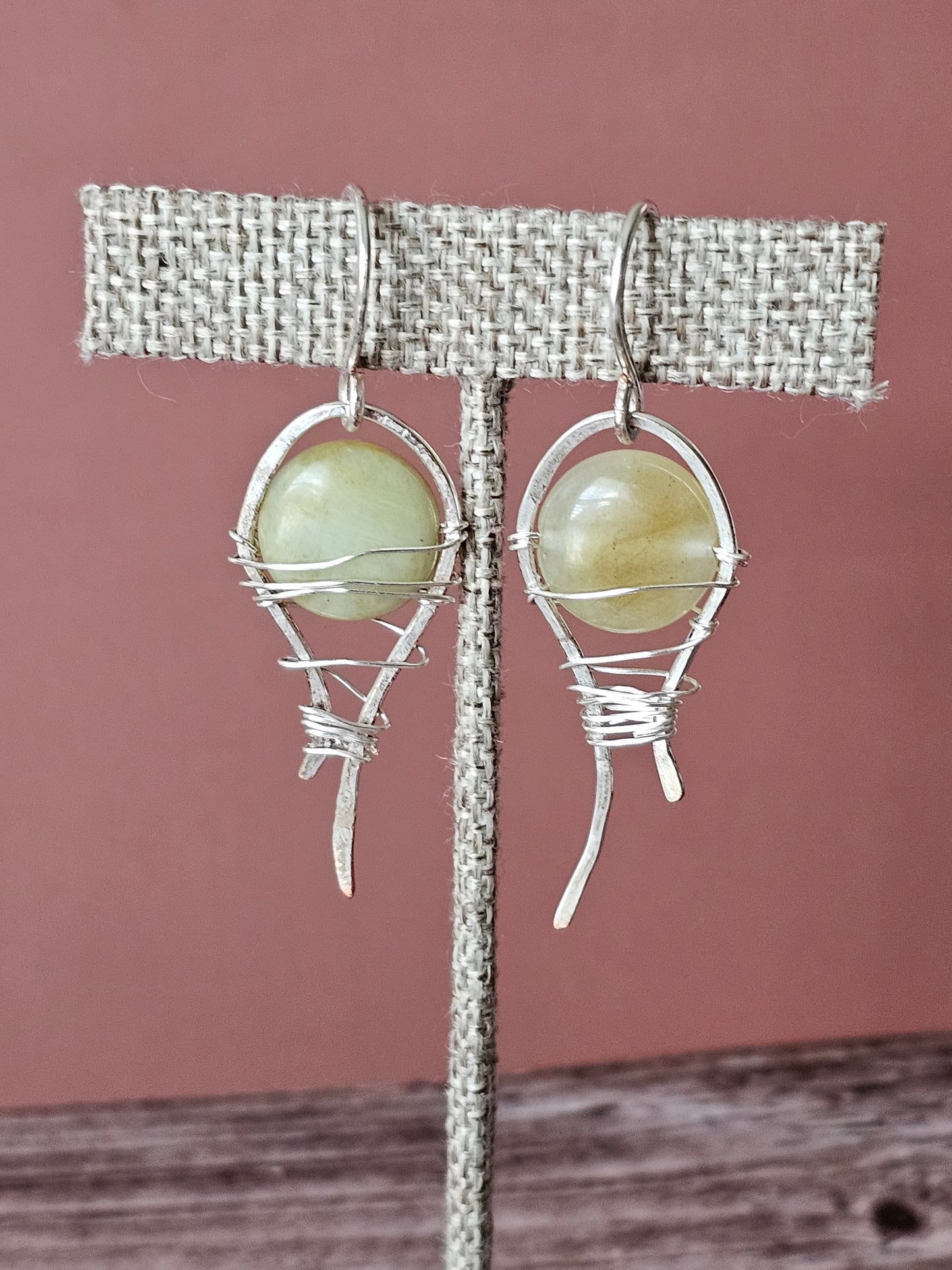 New Artisan Milk Jade Teardrop Melt Silver Plated Wire Wrap Earrings