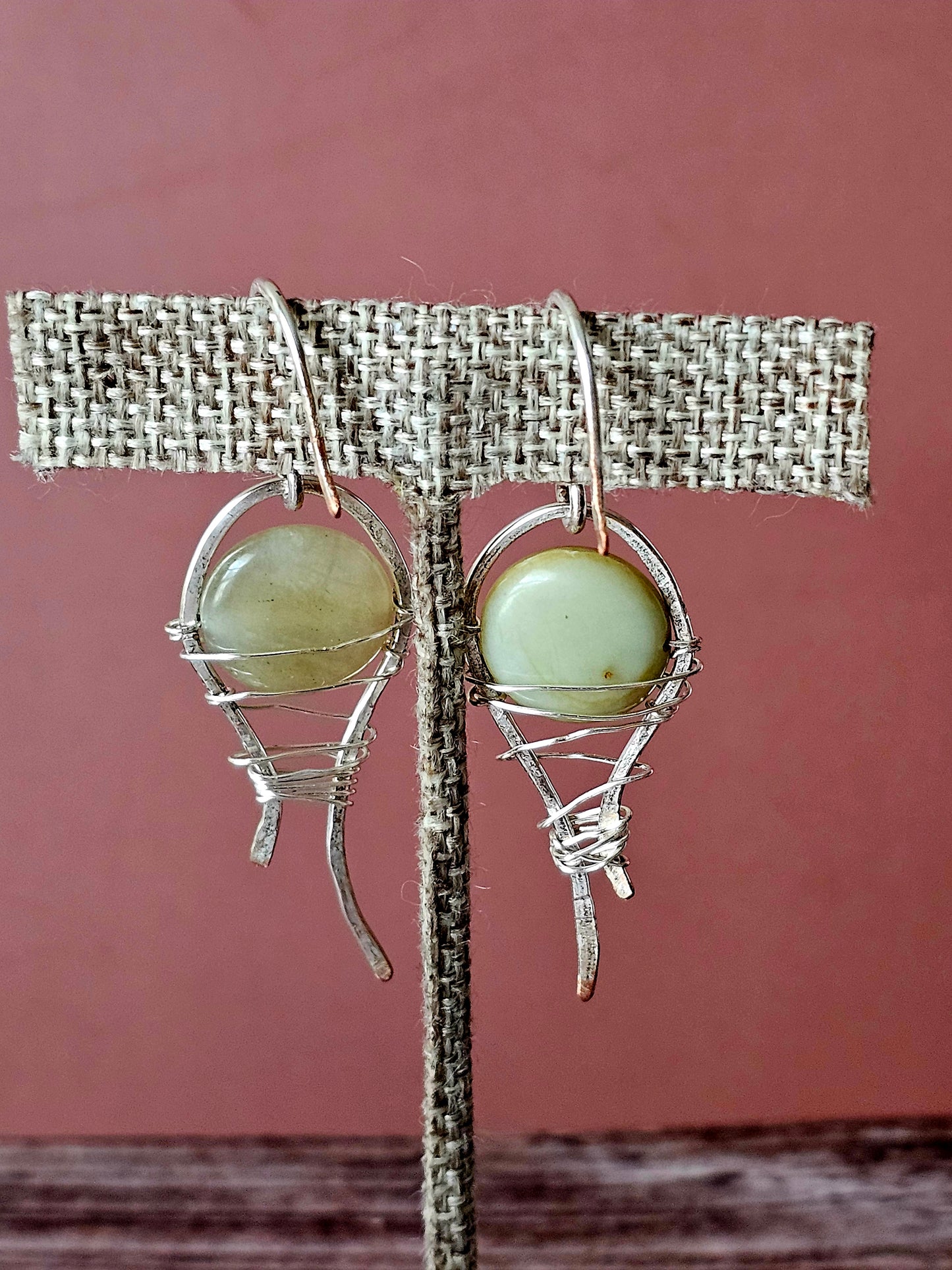 New Artisan Milk Jade Teardrop Melt Silver Plated Wire Wrap Earrings