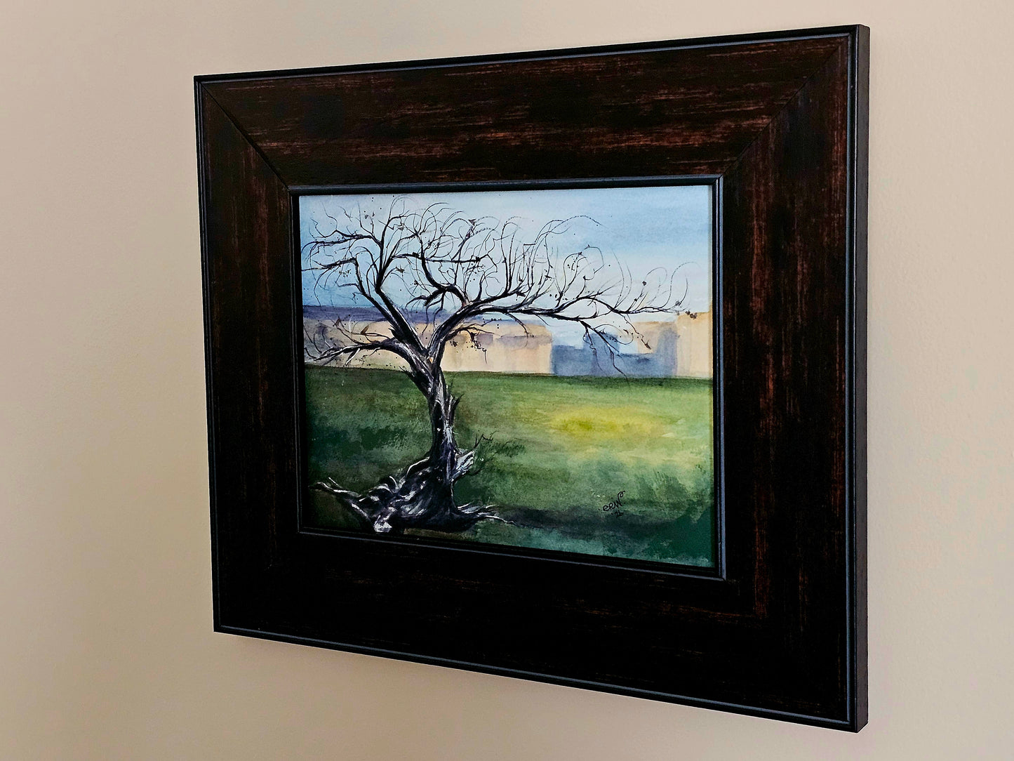 New Original Watercolor Art Painting 'Winter's Silhouette' in Plein Air Frame 18x15"