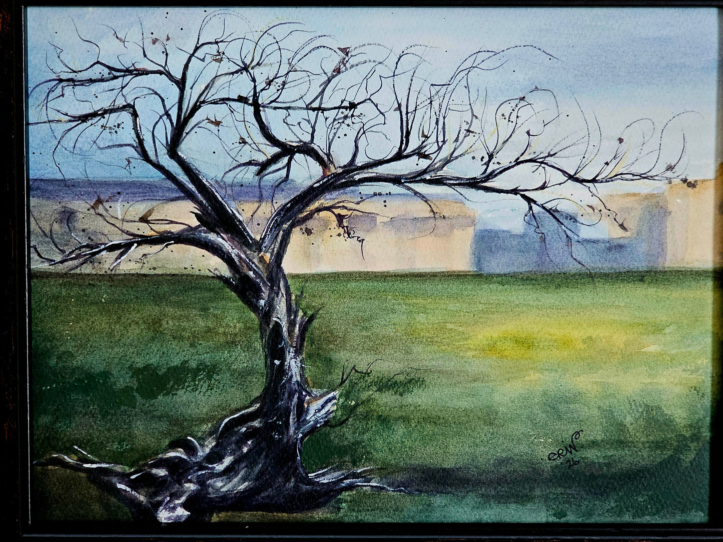 New Original Watercolor Art Painting 'Winter's Silhouette' in Plein Air Frame 18x15"