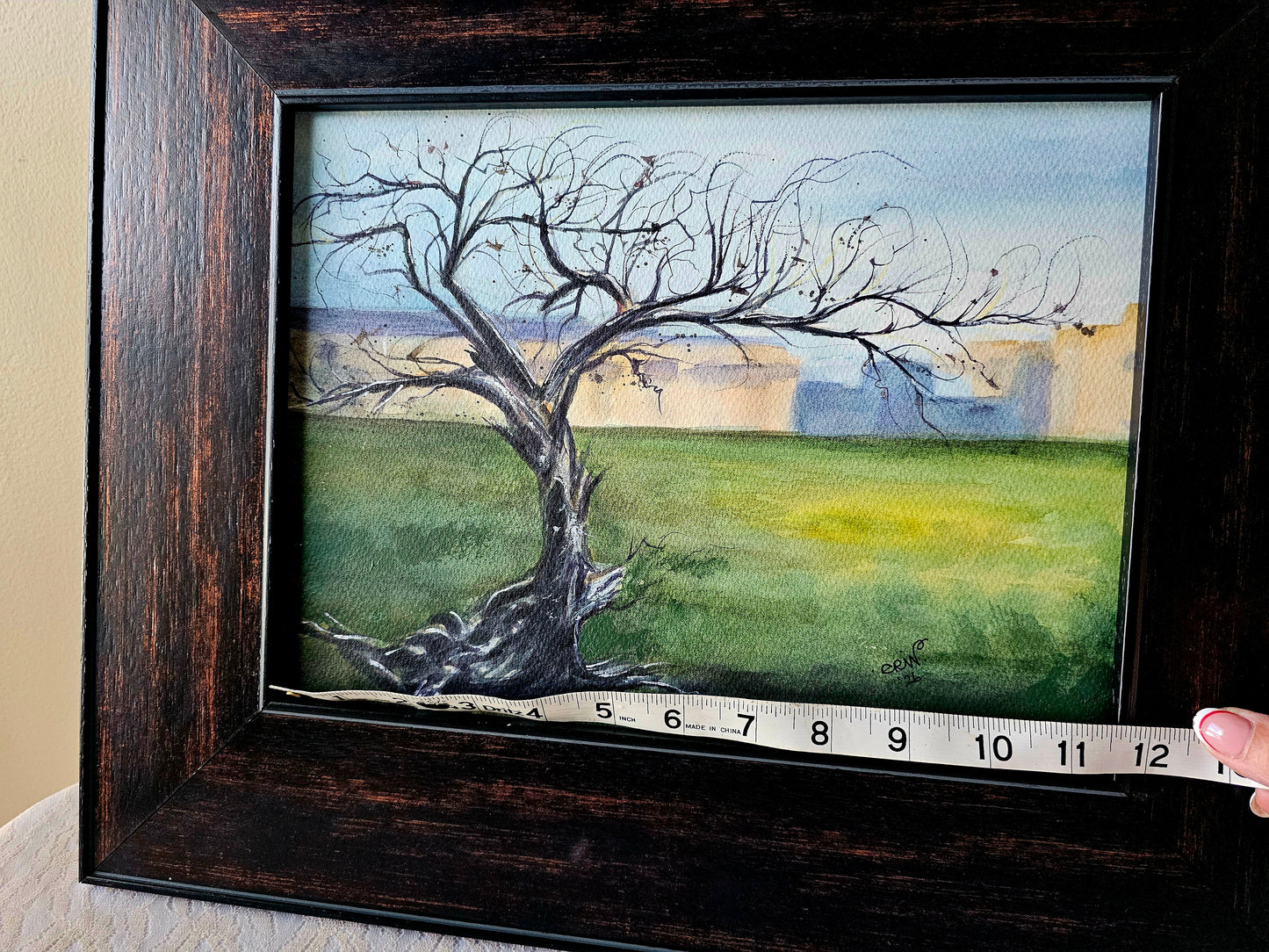 New Original Watercolor Art Painting 'Winter's Silhouette' in Plein Air Frame 18x15"