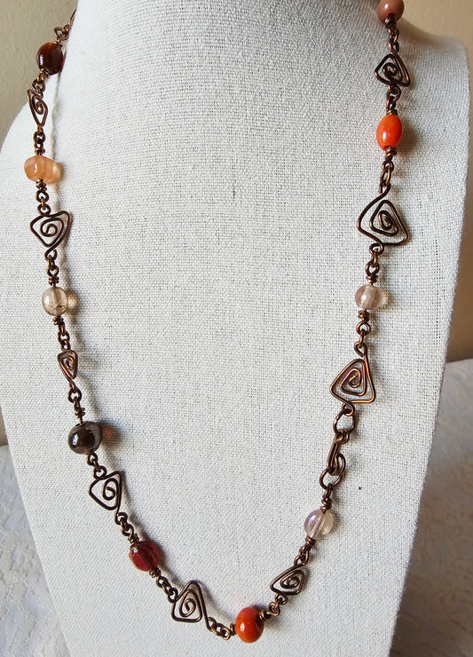 New Artisan Copper Wire Wrap Triangles Necklace W/Warm Tone Beads 21"