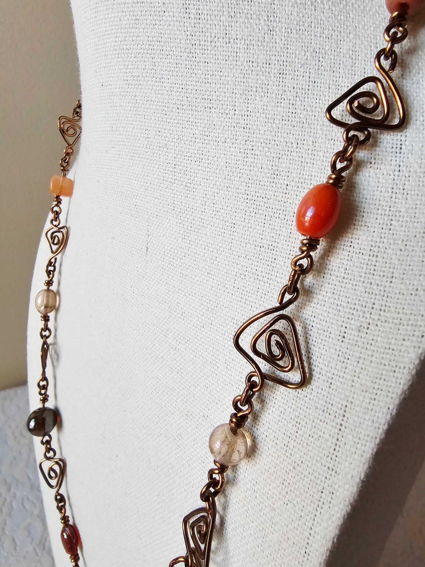 New Artisan Copper Wire Wrap Triangles Necklace W/Warm Tone Beads 21"