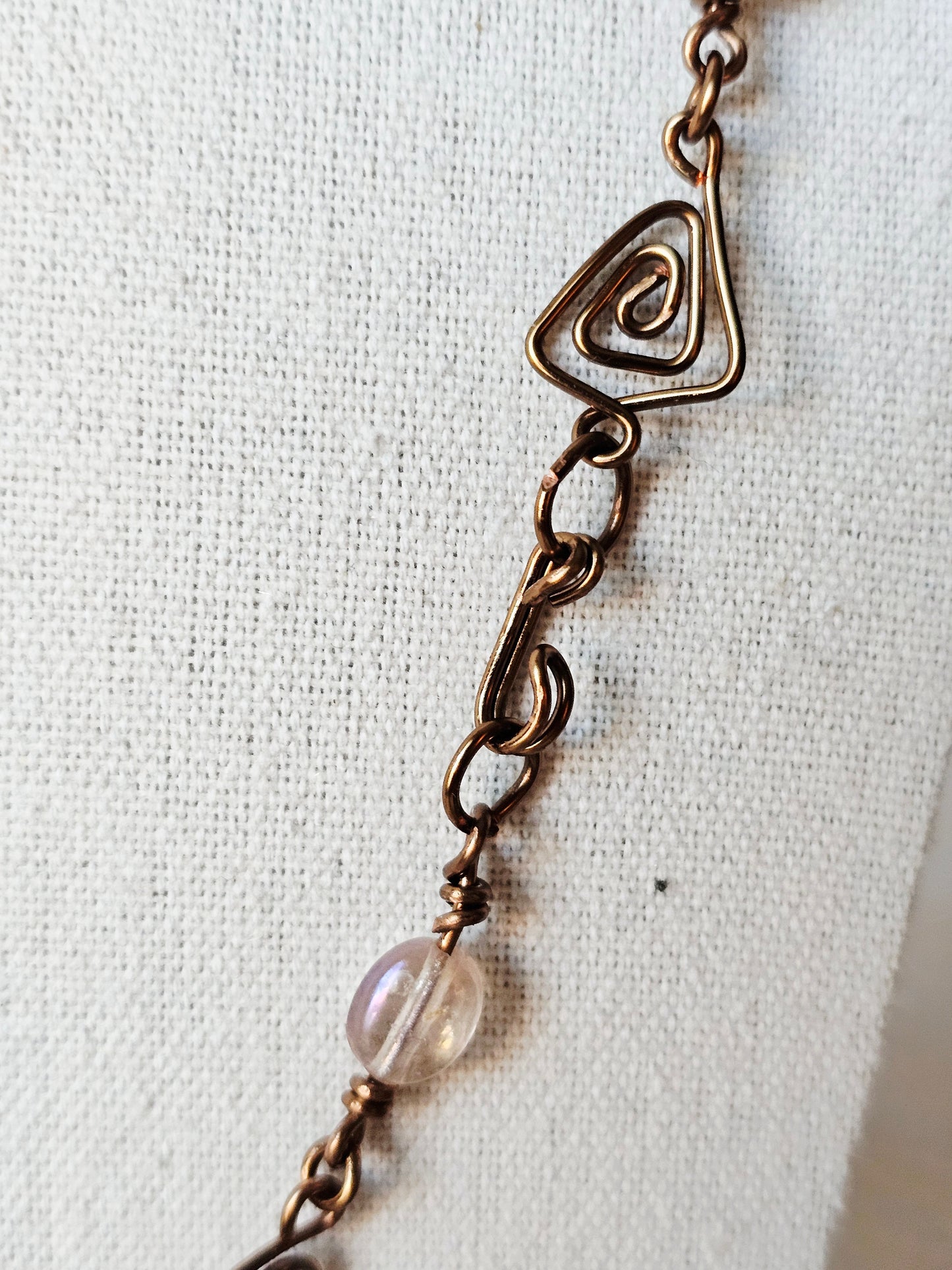 New Artisan Copper Wire Wrap Triangles Necklace W/Warm Tone Beads 21"