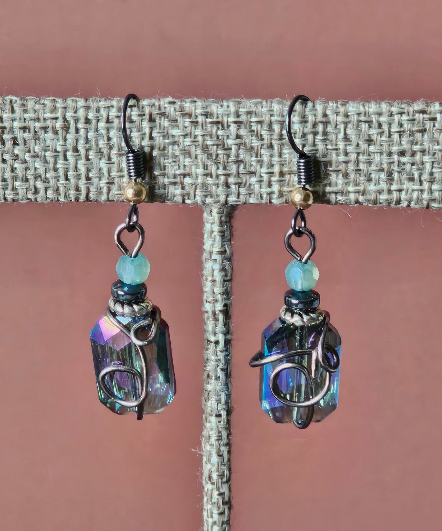 New Artisan Beveled Blue Glass Earrings With Hematite Wire Wrap & Ear Wires
